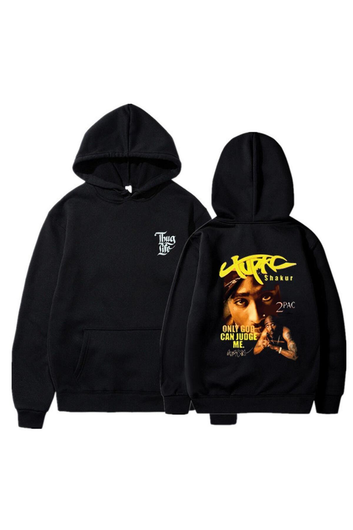 Touz Tupac Shakur Printed Black Unisex Oversize Hooded Sweatshirt