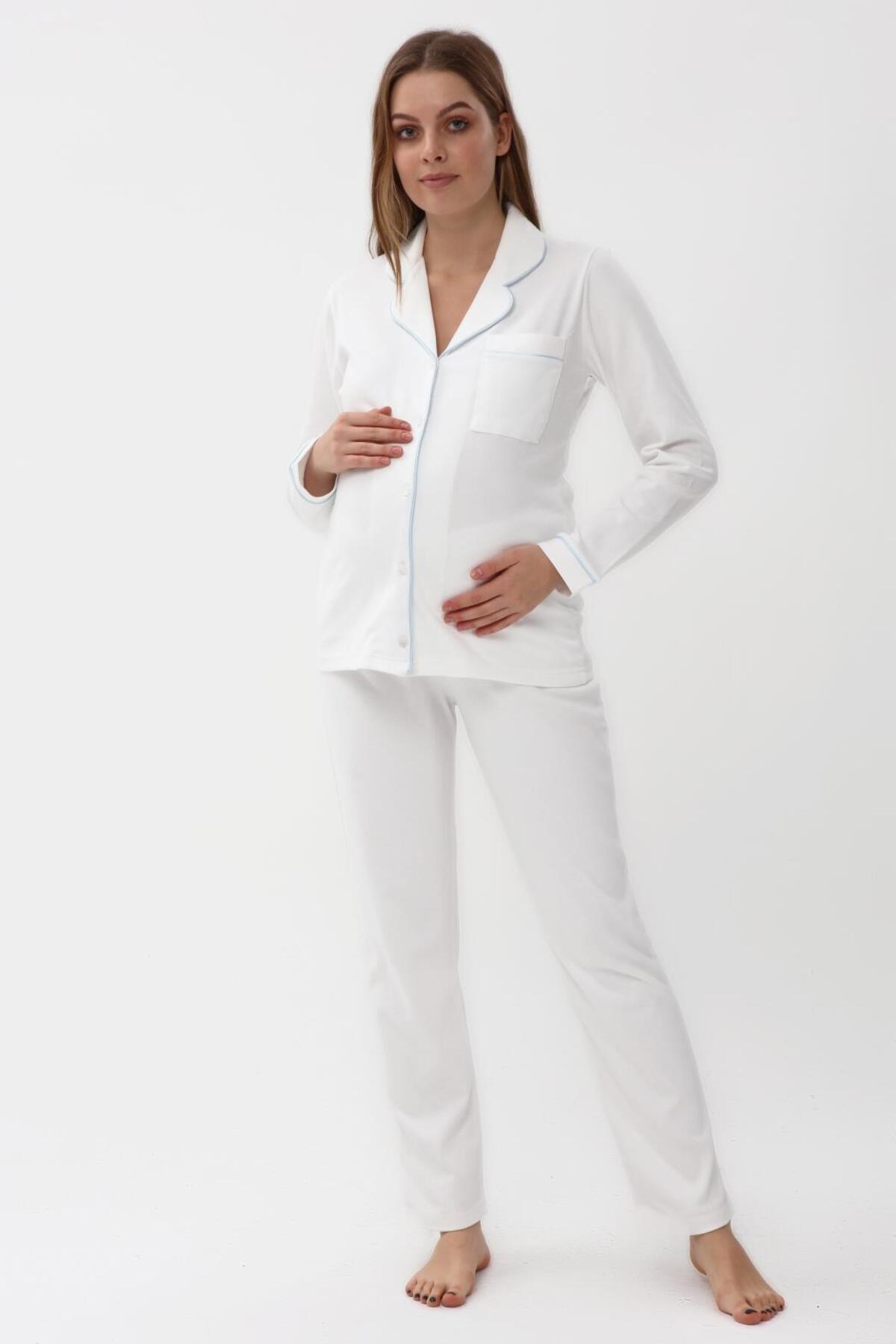 LİKAPA Interlok Düğmeli Hamile Lohusa Uzun Kol Pijama Takımı 1354-01