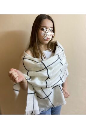 sema aksesuar Kadın Kışlık Ekru Siyah Çizgili Atkı - Şal - Sevgililer Günü He...