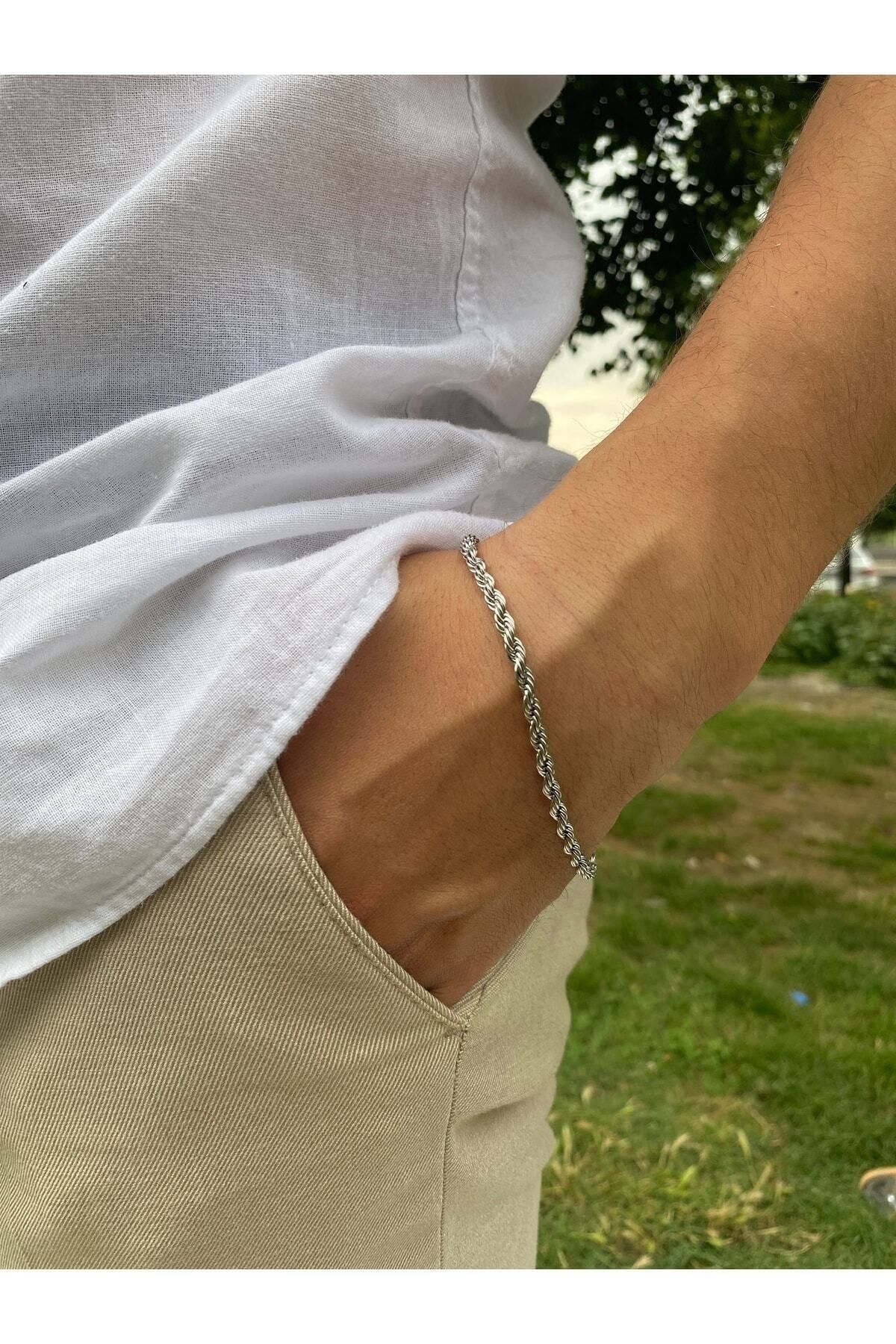 MEKKANMODA Men s Silver Gray Twist Chain Steel Bracelet Trendyol