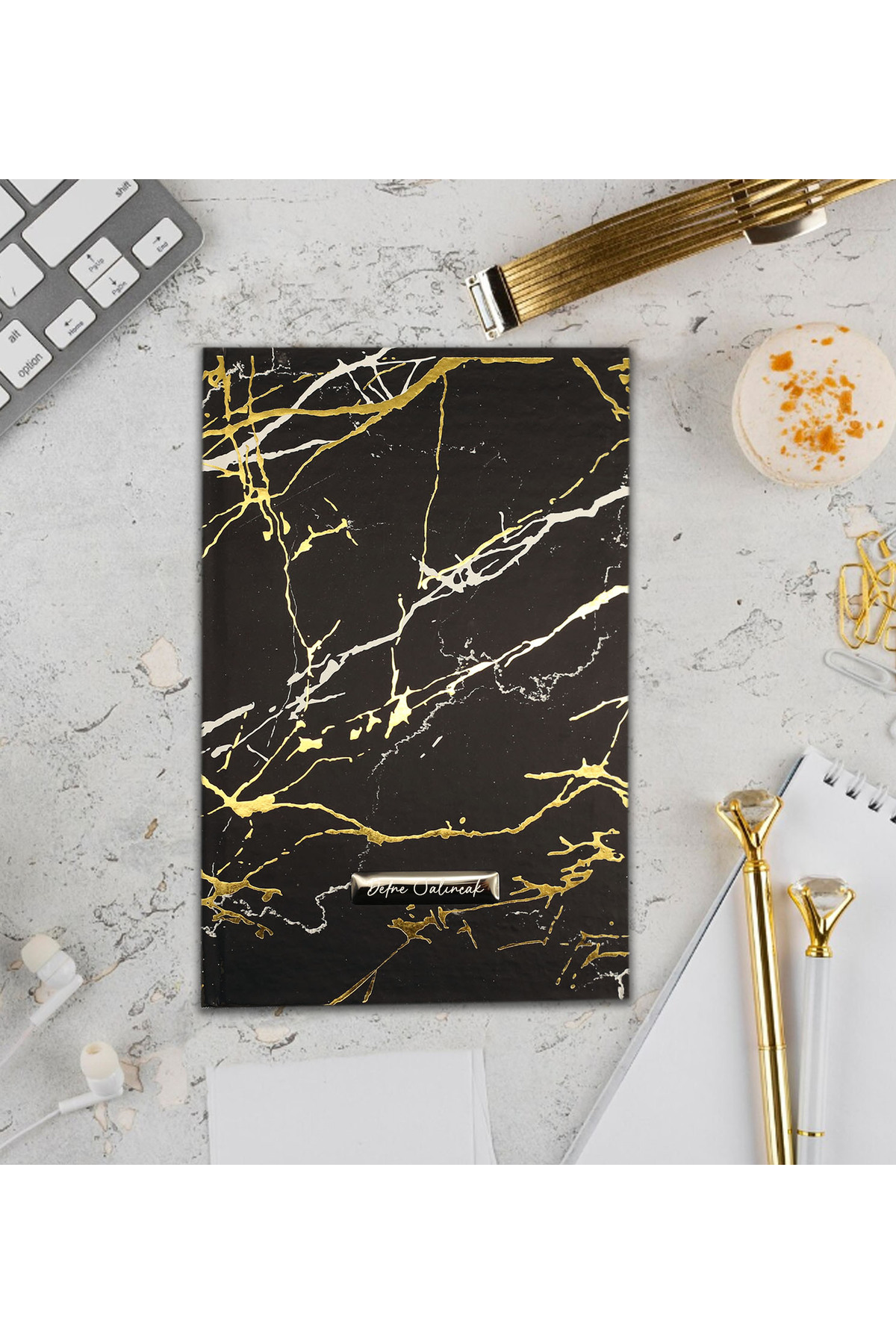 Personalized Gold Marble Patterned Black Notebook