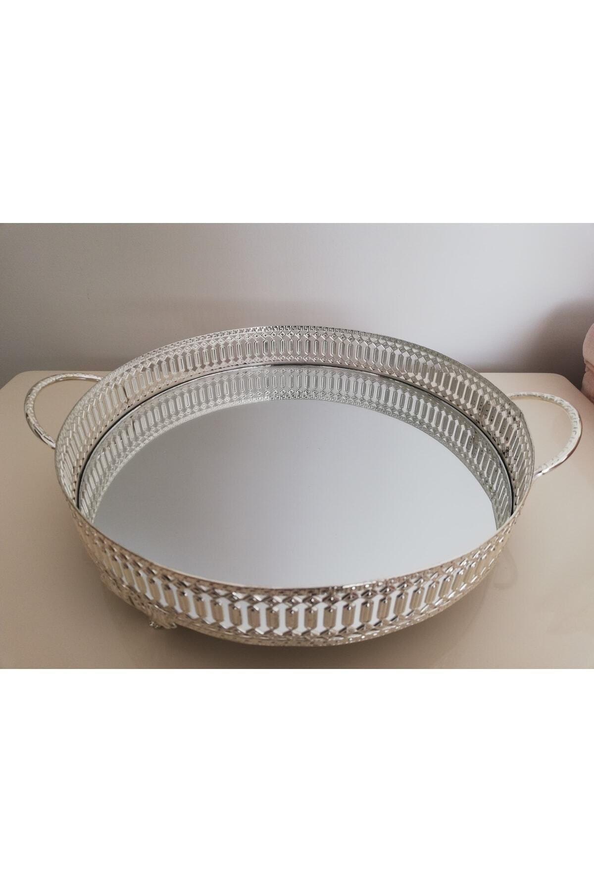 NEXTSELL-Silver Color Decorative Presentation Tray with Round Mirror 3