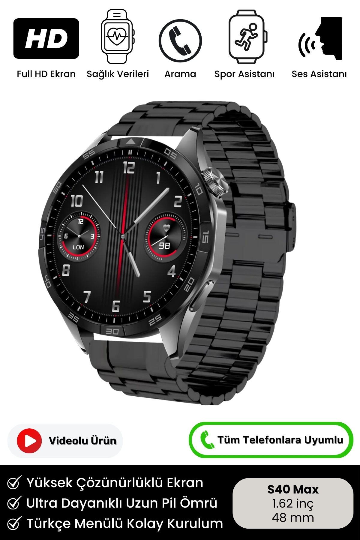 Premium Serisi S40 Max Hd Ekran Spor Ve Sağlık Sensörlü Klasik Model Ios Android Uyumlu Akıllı Saat