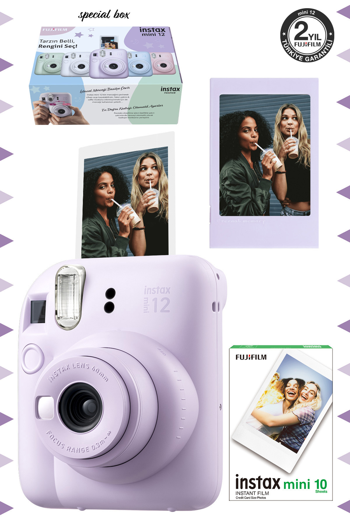 Fujifilm Instax mini 12 Lila Fotoğraf Makinesi-Çerçeve ve 10'lu mini Film Seti