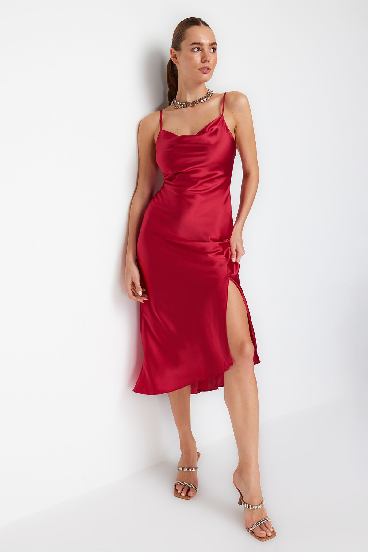 Trendyol Collection-Κόκκινη φόδρα υφαντό σατέν κομψό βραδινό φόρεμα νυχτερινή αποφοίτηση TPRSS19BB0058 3