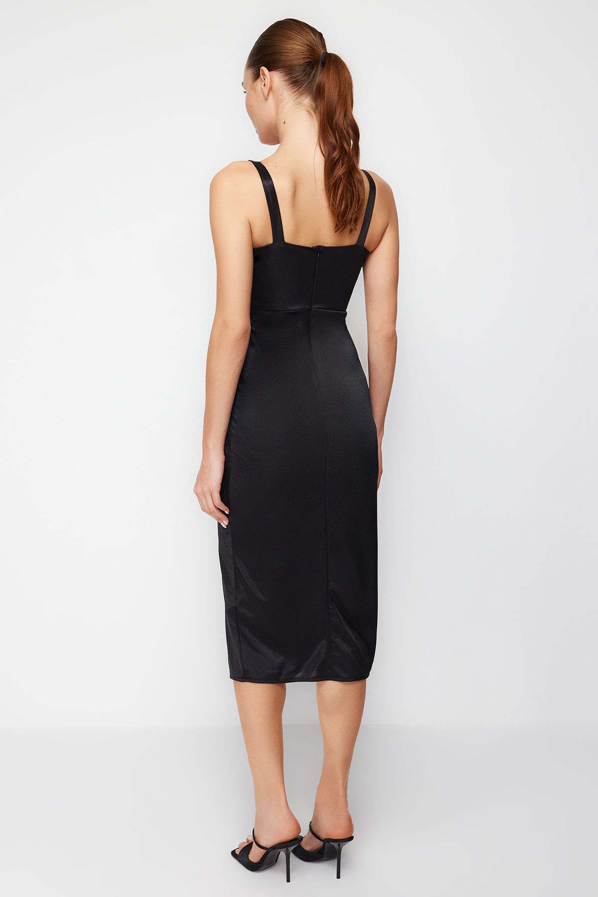 Trendyol Collection-Rochie neagră drapeată cu satin - TPRSS24EL00054 6