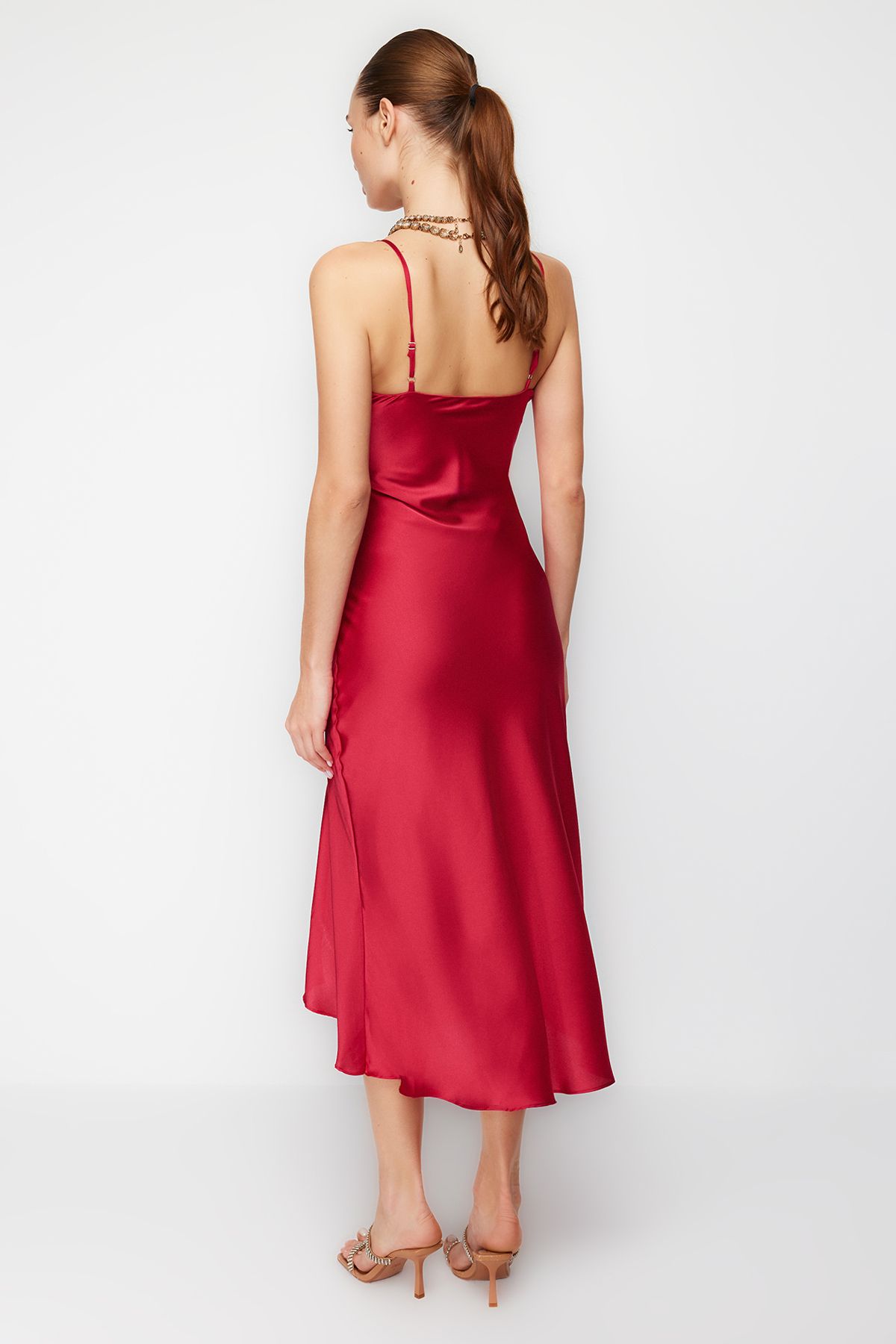 Trendyol Collection-Κόκκινη φόδρα υφαντό σατέν κομψό βραδινό φόρεμα νυχτερινή αποφοίτηση TPRSS19BB0058 6