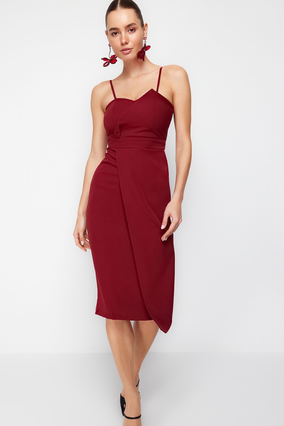 Trendyol Collection-Бордова двобортна ткана вечірня сукня в обтяжку TPRSS19FZ0136 3