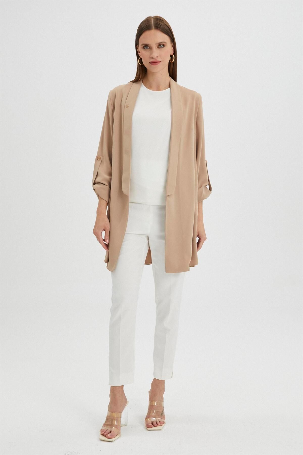 Z hre Dark Beige Long Blazer Jacket with Sleeve Detail C 0059