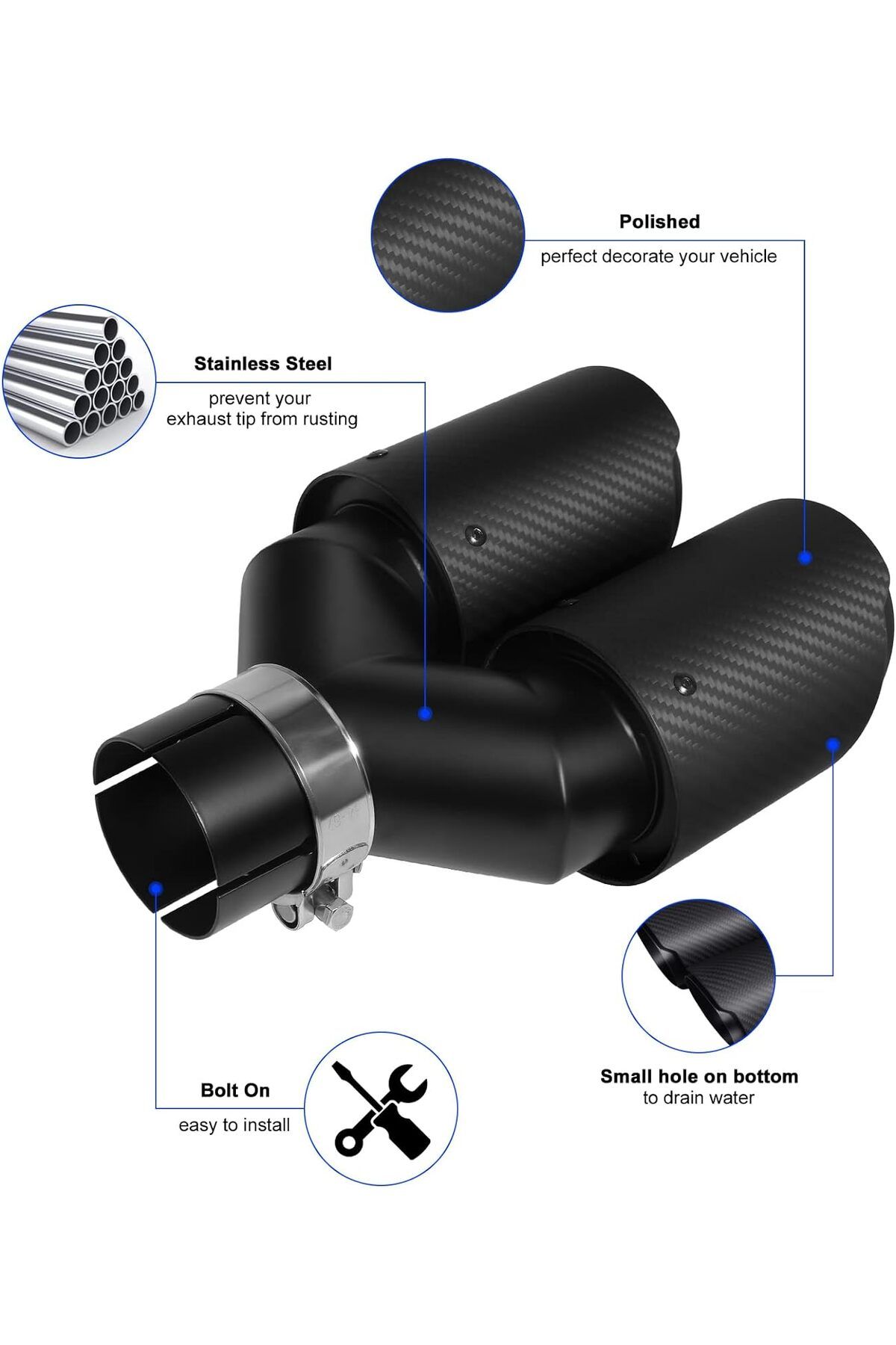 Krtopo-Black Matte Carbon Tip 63 mm Double Muffler Performance Exhaust Tip, Inlet 2.5" Outlet 3.5 4