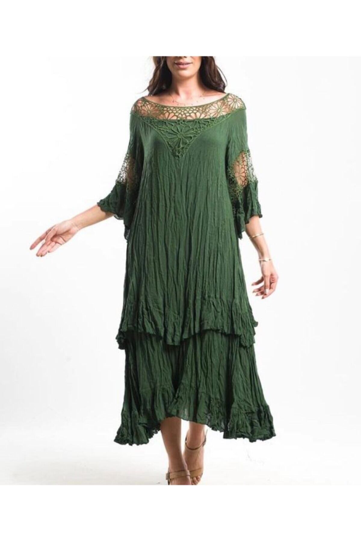 Sosyete Kaplumbağa-Women's Dark Green Authentic Voile Cotton Madonna Collar Bohemian Maxi Dress 3