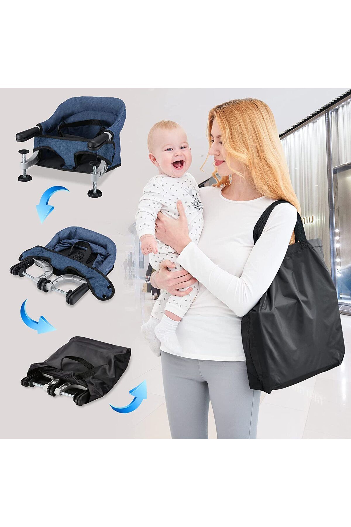 Katlanabilir bebek sandalyesi, oturma yükseltici, taşınabilir, sağlam yapı, taşıma çantalı
