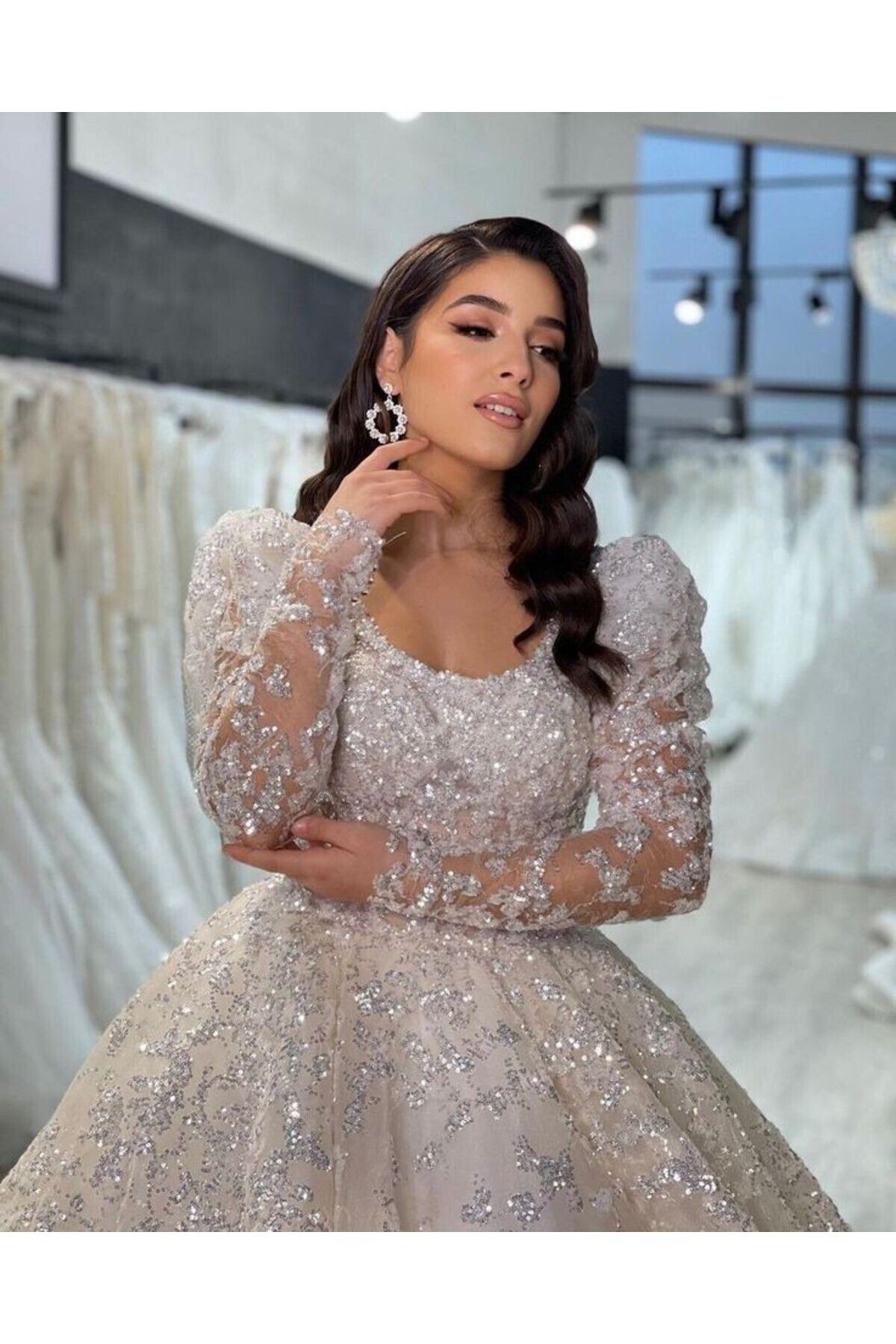 Long sleeve cheap beige wedding dress