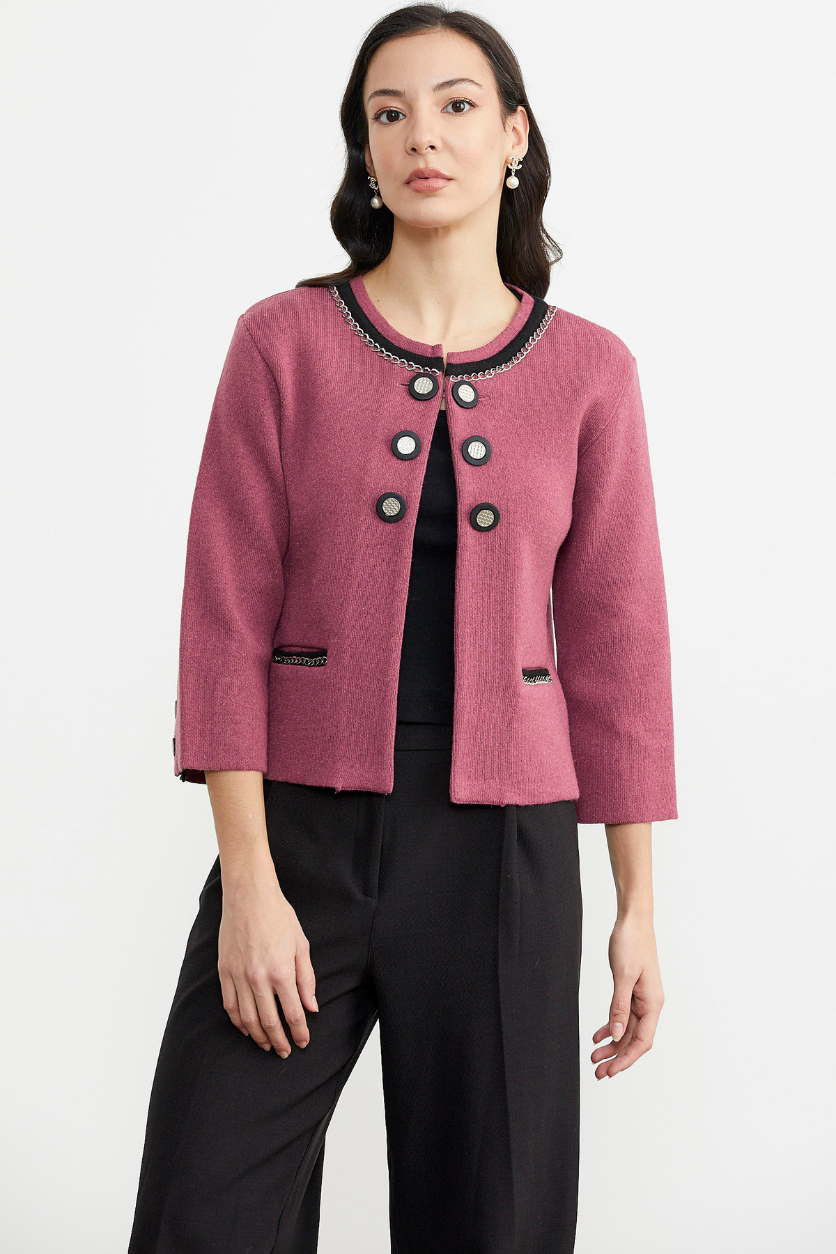 Sementa  Zincir Detaylı Kalın Yünlü Triko Ceket - Gül - Siyah - Görsel 2