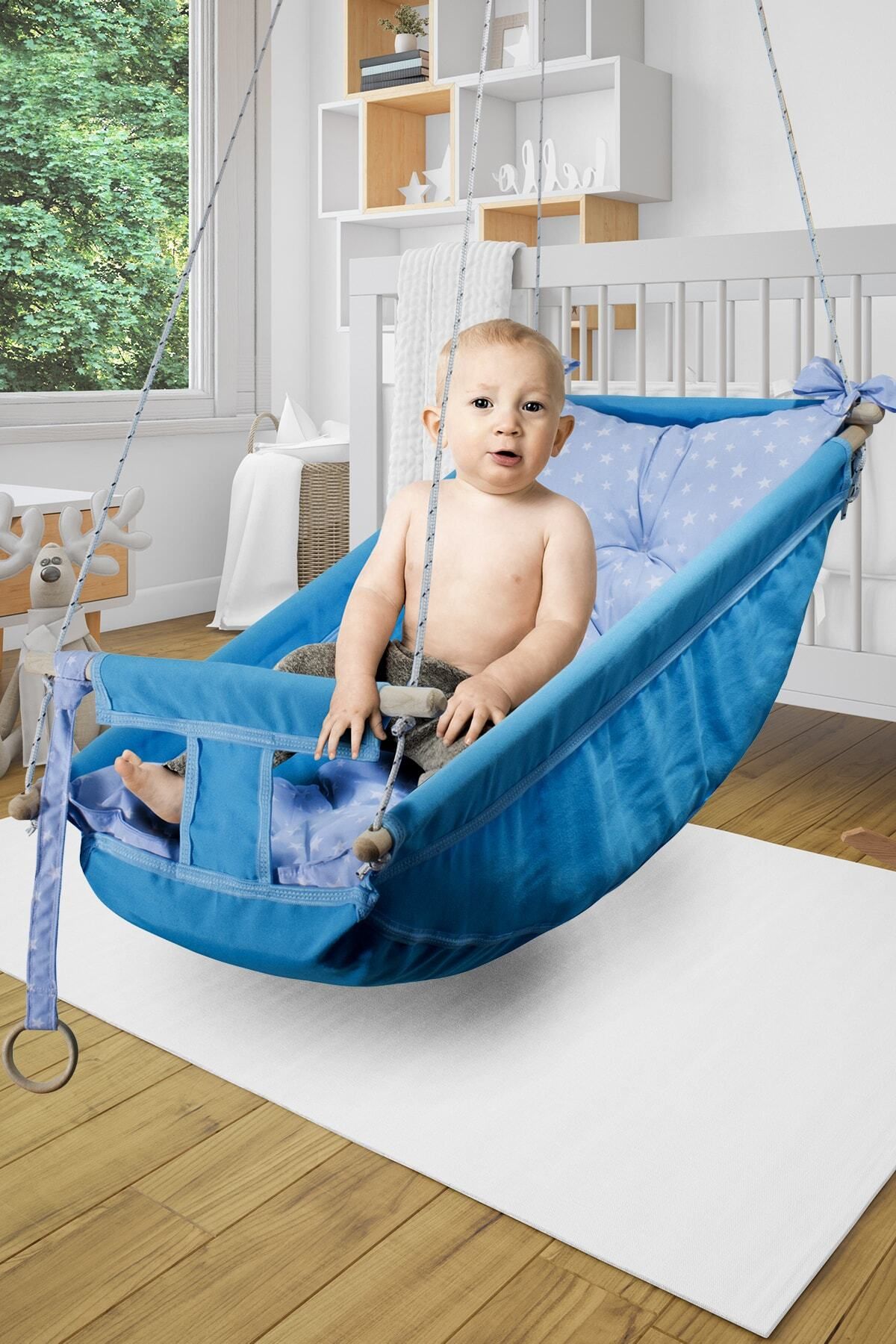 Bundera Kids Blue Baby Sleeping Swing Children s Wooden Hammock Cradle Swing Cushioned Bedding Set