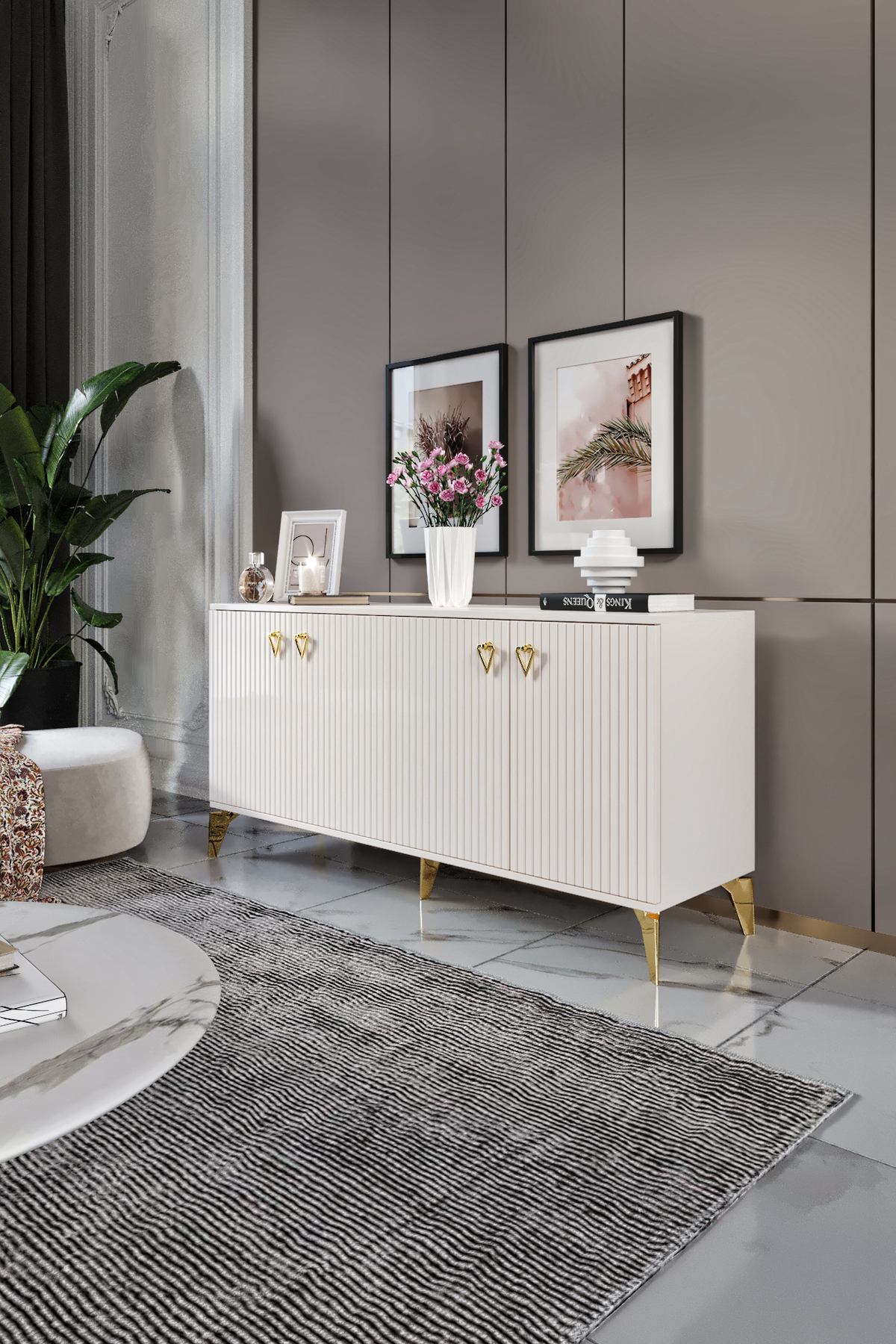 mapahomeliving Zeugma Konsol Mdf Mebran Kapak Ekru Gold