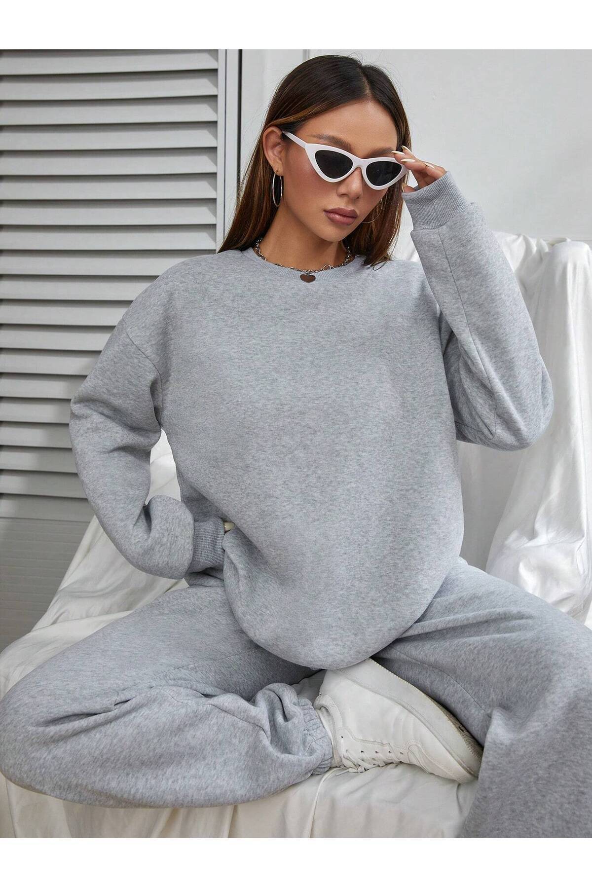 RABTEKS Set de trening oversize pentru damă, cu decolteu, iarnă, bumbac pe interior