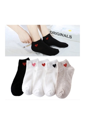 REYNBOO SOCKS 5 Çift Kadın Kalp Desenli Karışık Renkli Bilek Üstü Çorap Seti