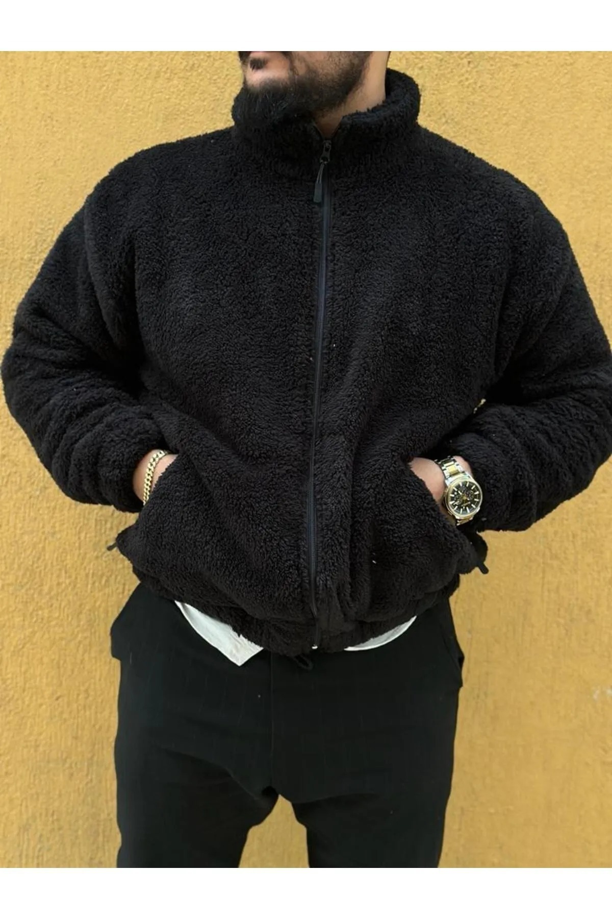 OverSize Zippered Plush Jacket Black