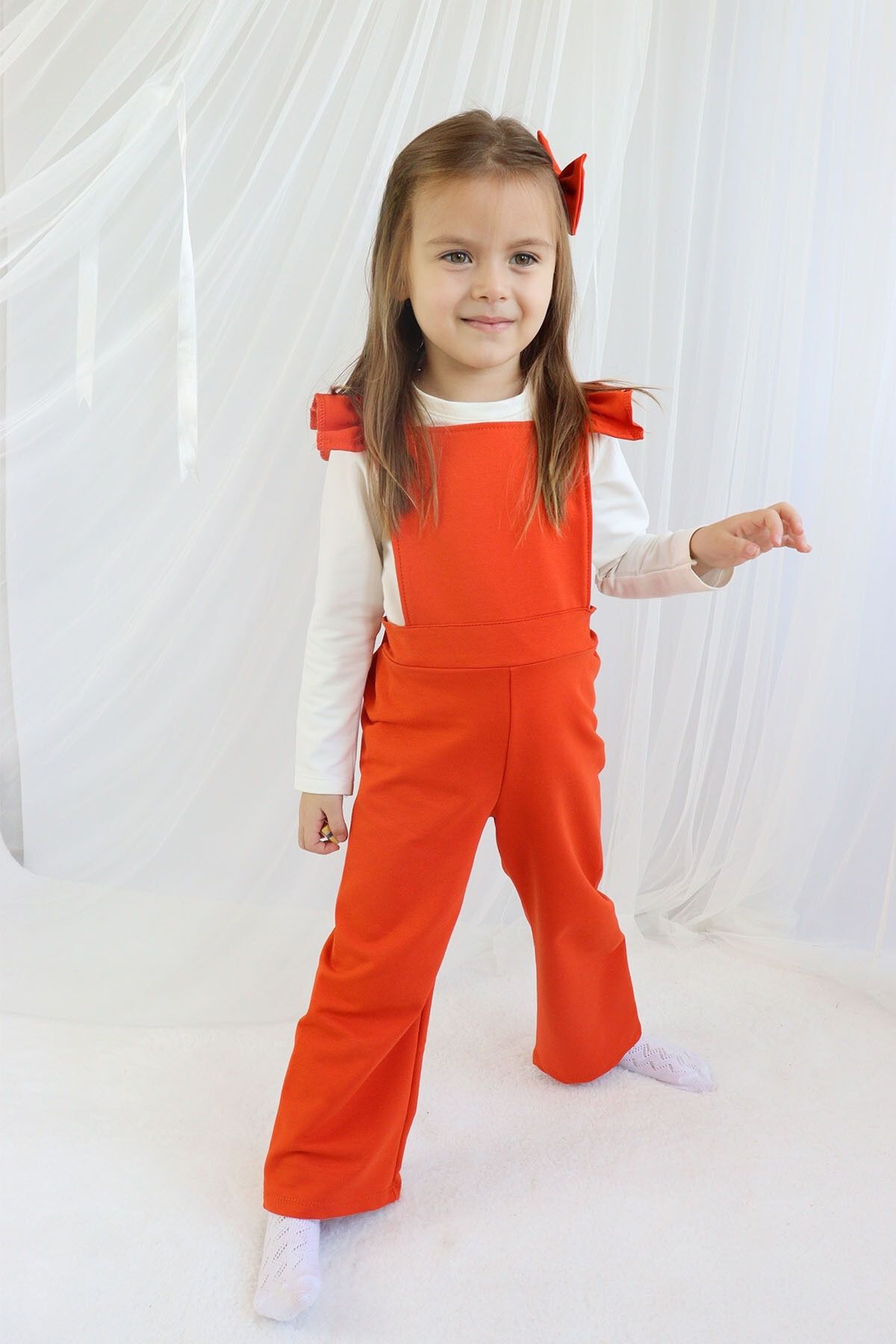 Parla Kids Girl s Berlin Orange Cotton Frilly Tie Detailed Jumpsuit Salopet Buckle Suit