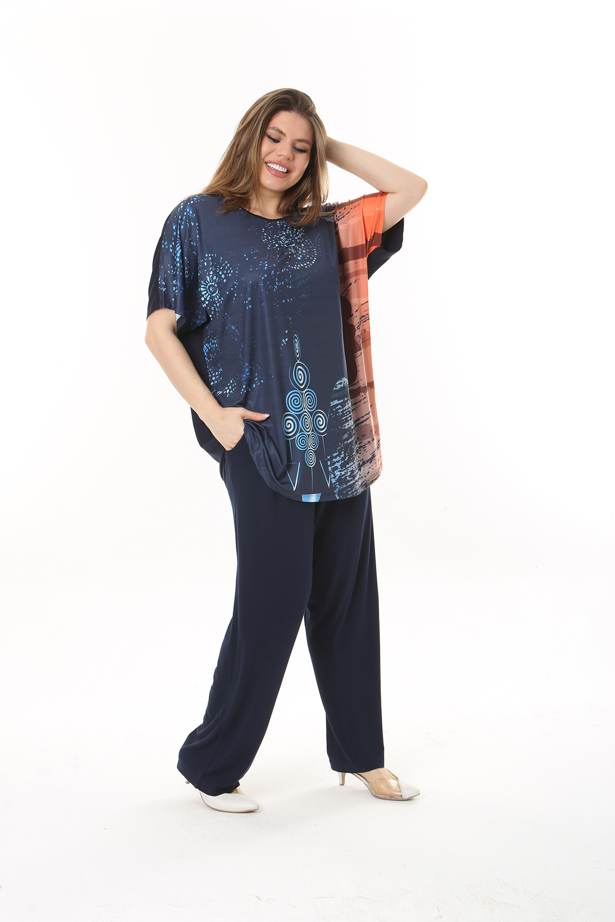 XL Modam-WOMEN'S LARGE SIZE CIRCLE PATTERN NAVY BLUE LICRAL SUIT 4