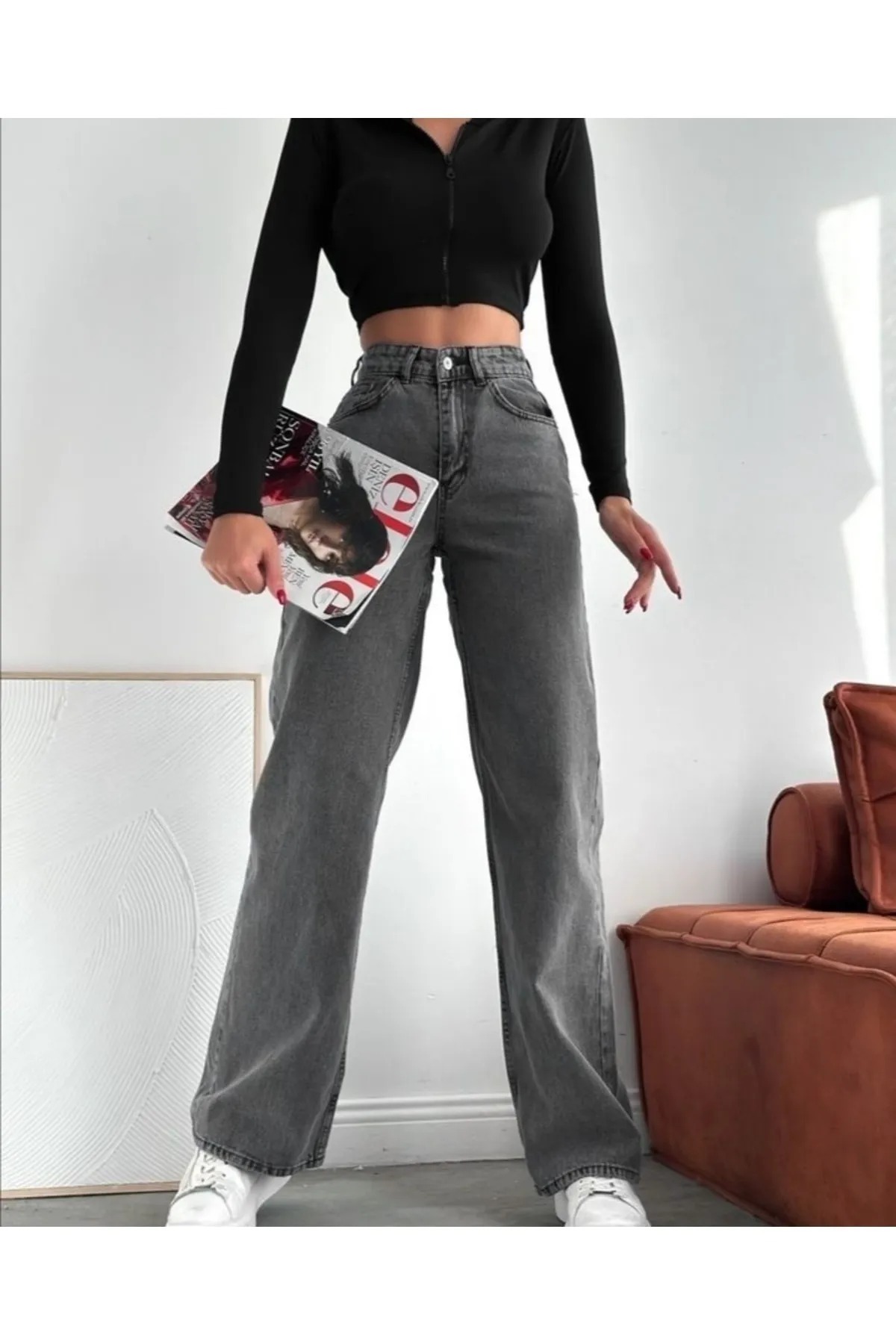 Smoked Color Lycra High Waist Loose Jeans Wide Leg Jean