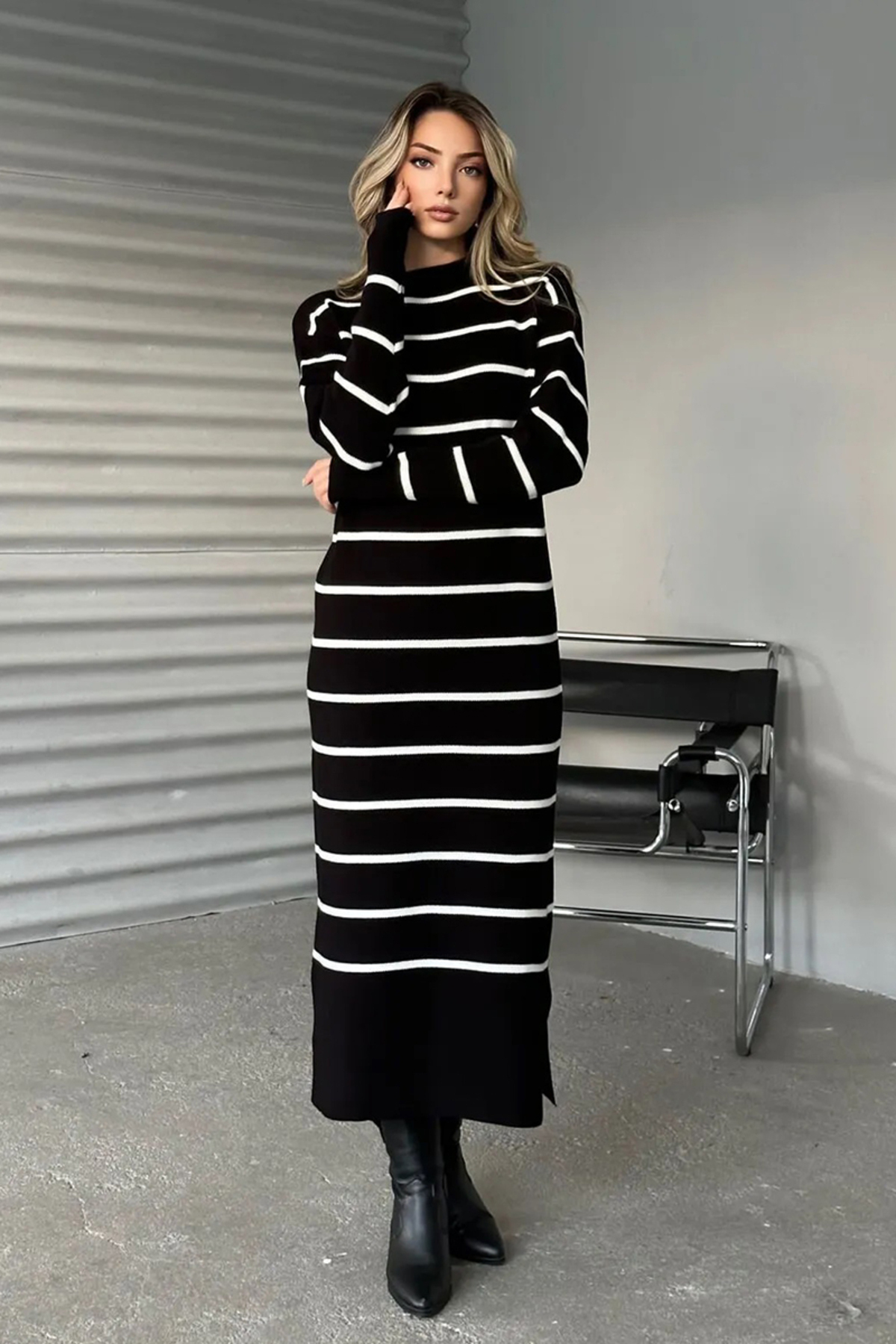 squire brown rib knit crew neck long sleeve a-line dress Karlie Rib Knit Sweater Dress - Brown