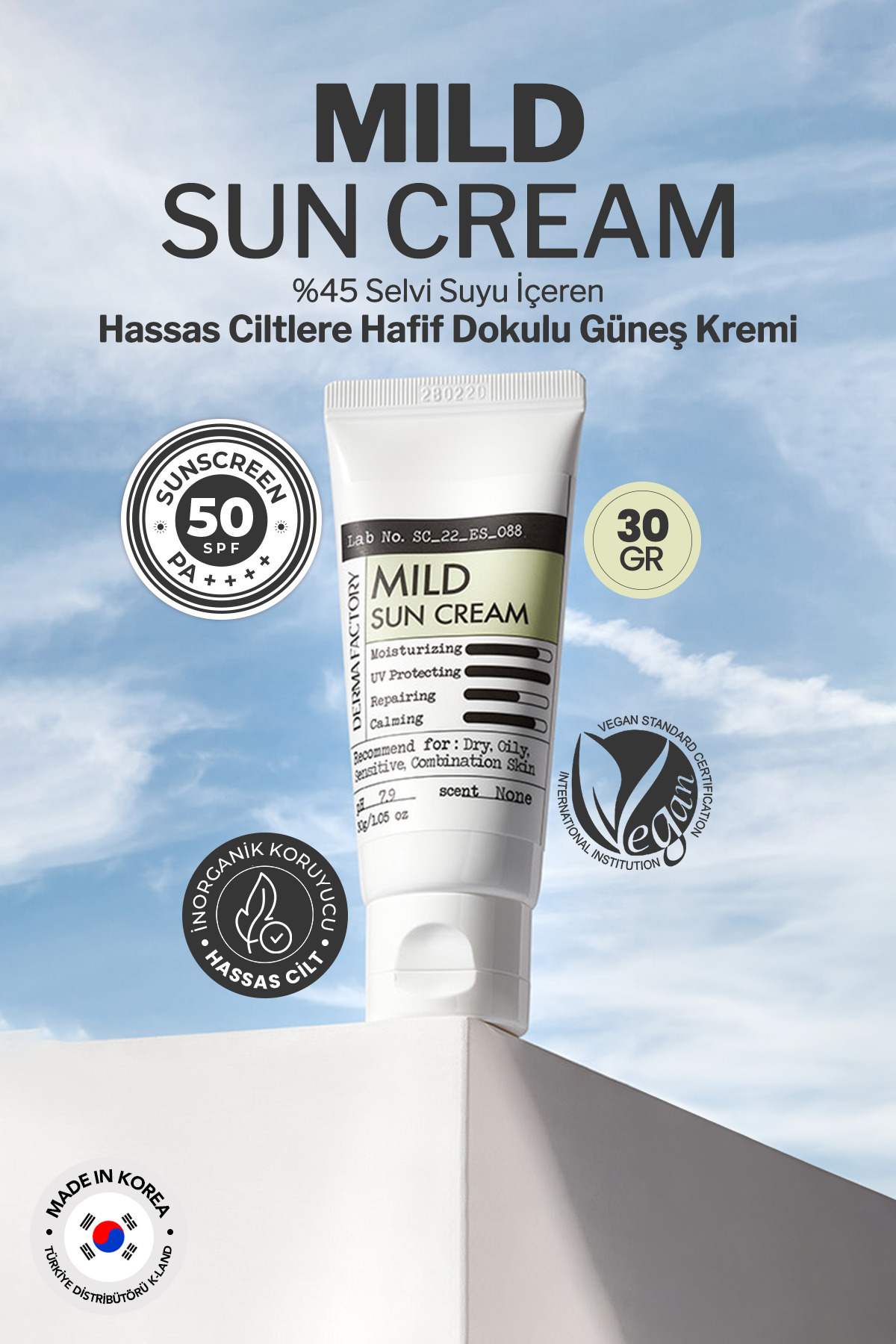 Hassas Ciltler İçin Hafif Dokulu Vegan Güneş Kremi Derma Factory Mild Sun Cream SPF 50+ PA++++ 30ml — 8809563068746 — تصویر 2 از 4