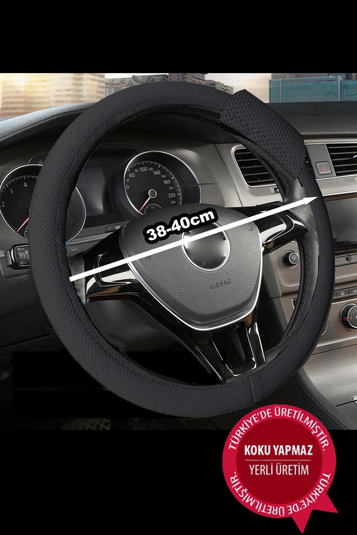 NiCe Shop-Premium Luxury Snap-on Steering Wheel Cover Odorless 38-40 Cm, Black Artificial Leather, Snap-on Steering Wheel Cover, 5