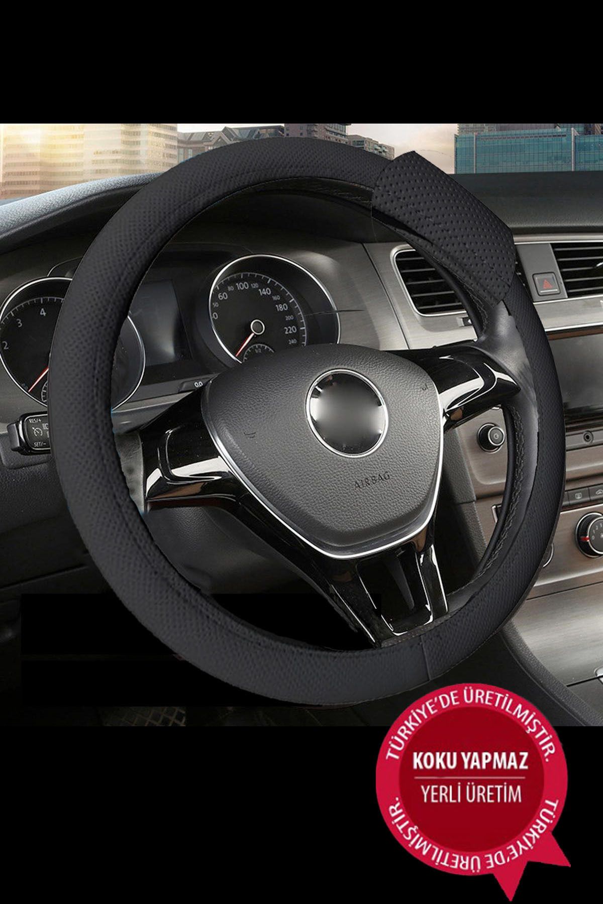 NiCe Shop-Premium Luxury Snap-on Steering Wheel Cover Odorless 38-40 Cm, Black Artificial Leather, Snap-on Steering Wheel Cover, 3
