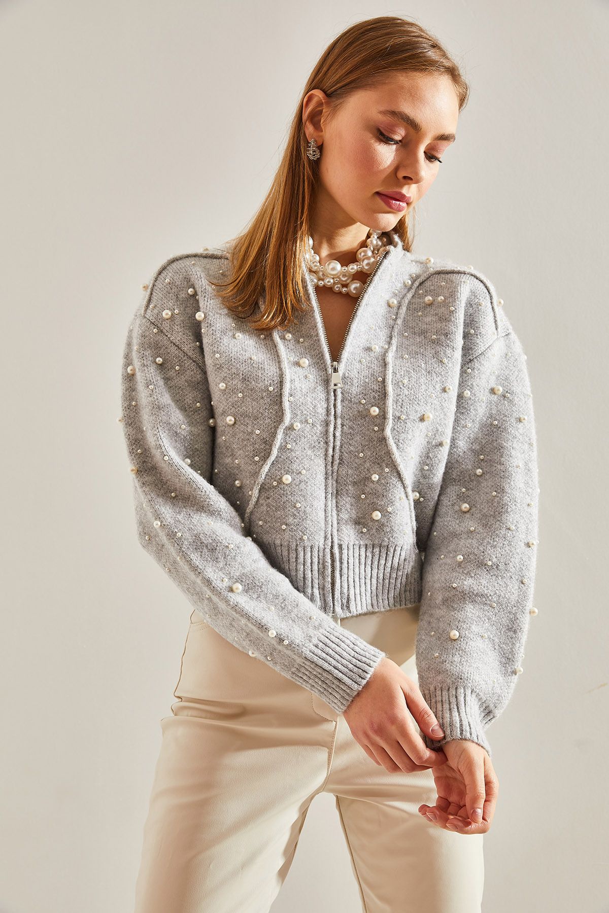 Bianco Lucci-Women's Pearl Stone Embroidered Knitwear Cardigan 2