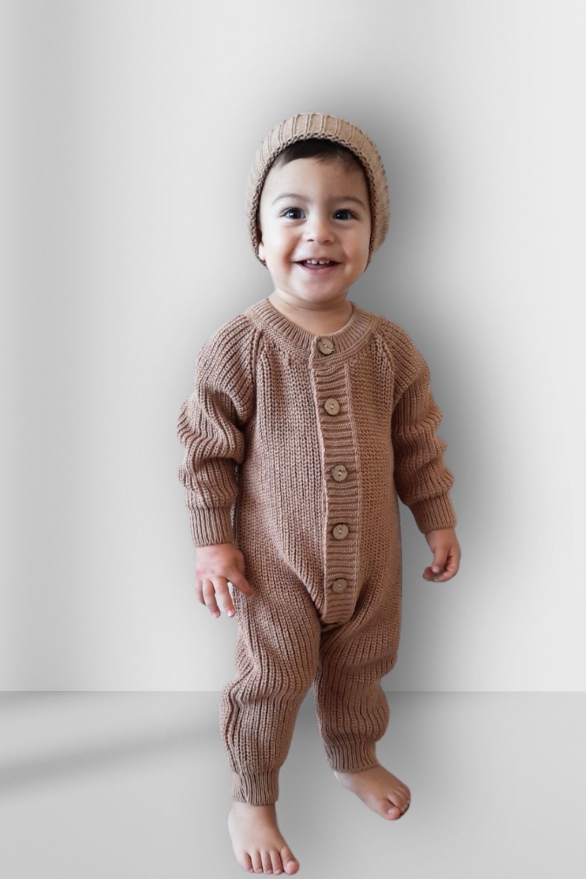 Minytrendy Kız/erkek Bebek Örme Düğme Detaylı Şapkalı Triko Yenidoğan Tulum Takımı-kahve fotoğrafı 2 (önizleme)