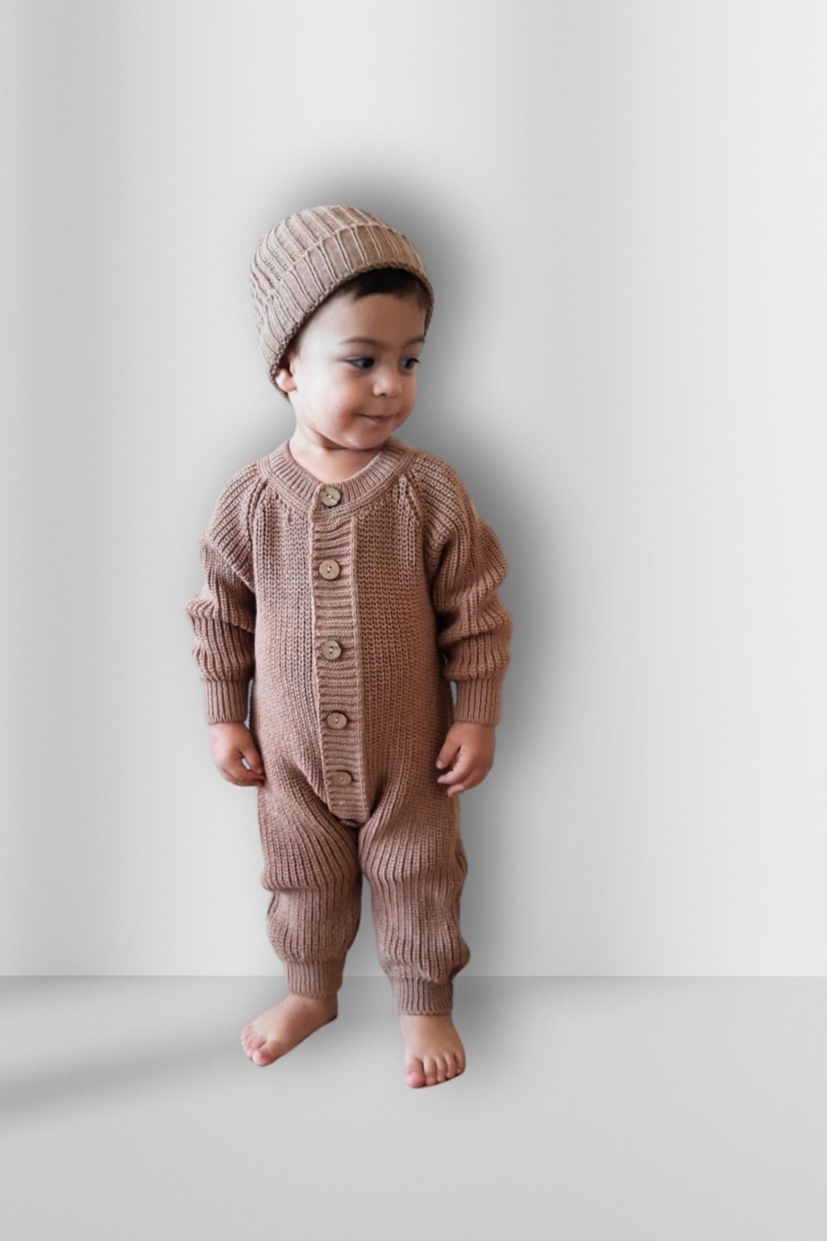Minytrendy Kız/erkek Bebek Örme Düğme Detaylı Şapkalı Triko Yenidoğan Tulum Takımı-kahve fotoğrafı 3 (önizleme)