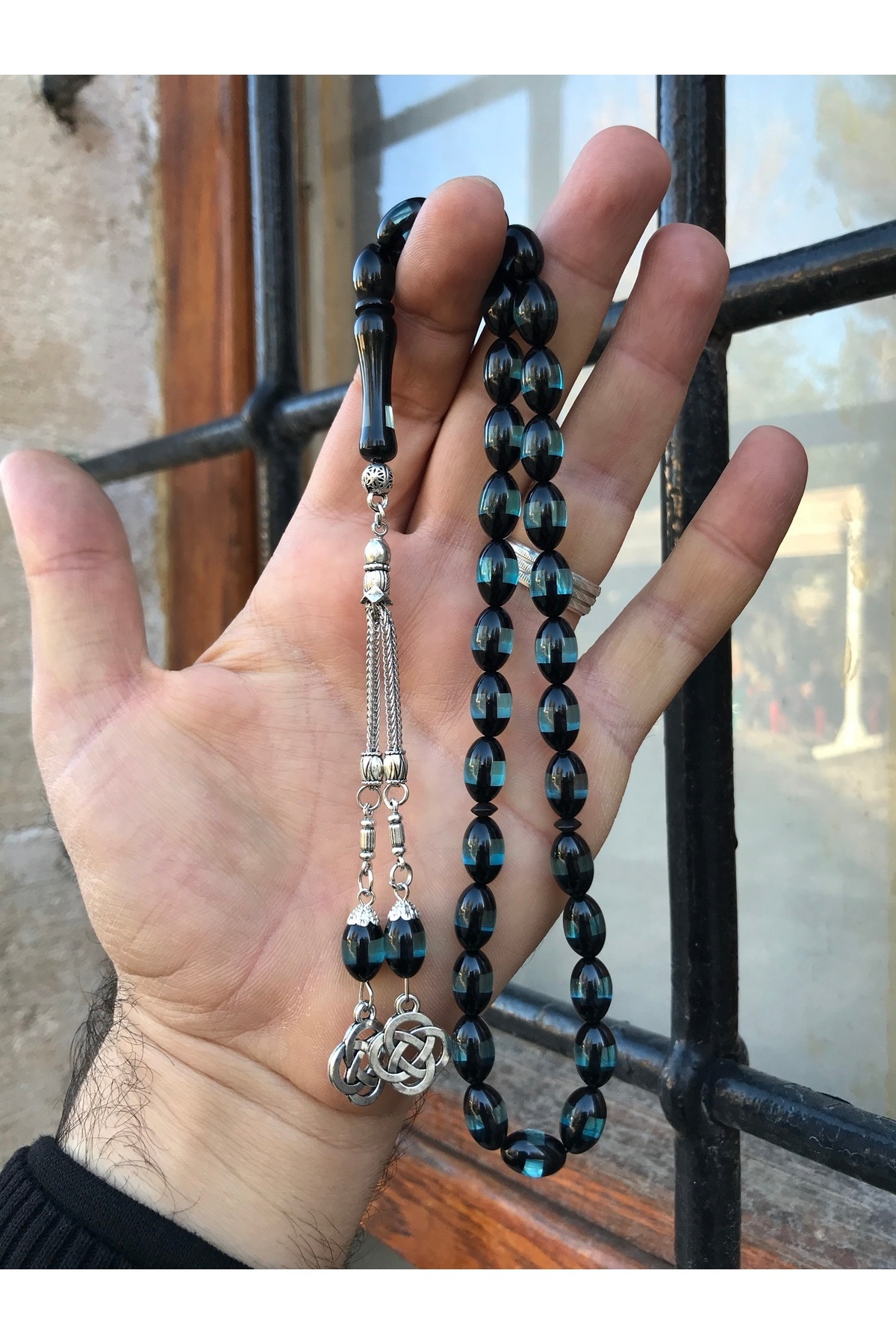 Sultan Telkari Sürmeli Model Su Yeşili Tonunda Toz Kehribar Tesbih