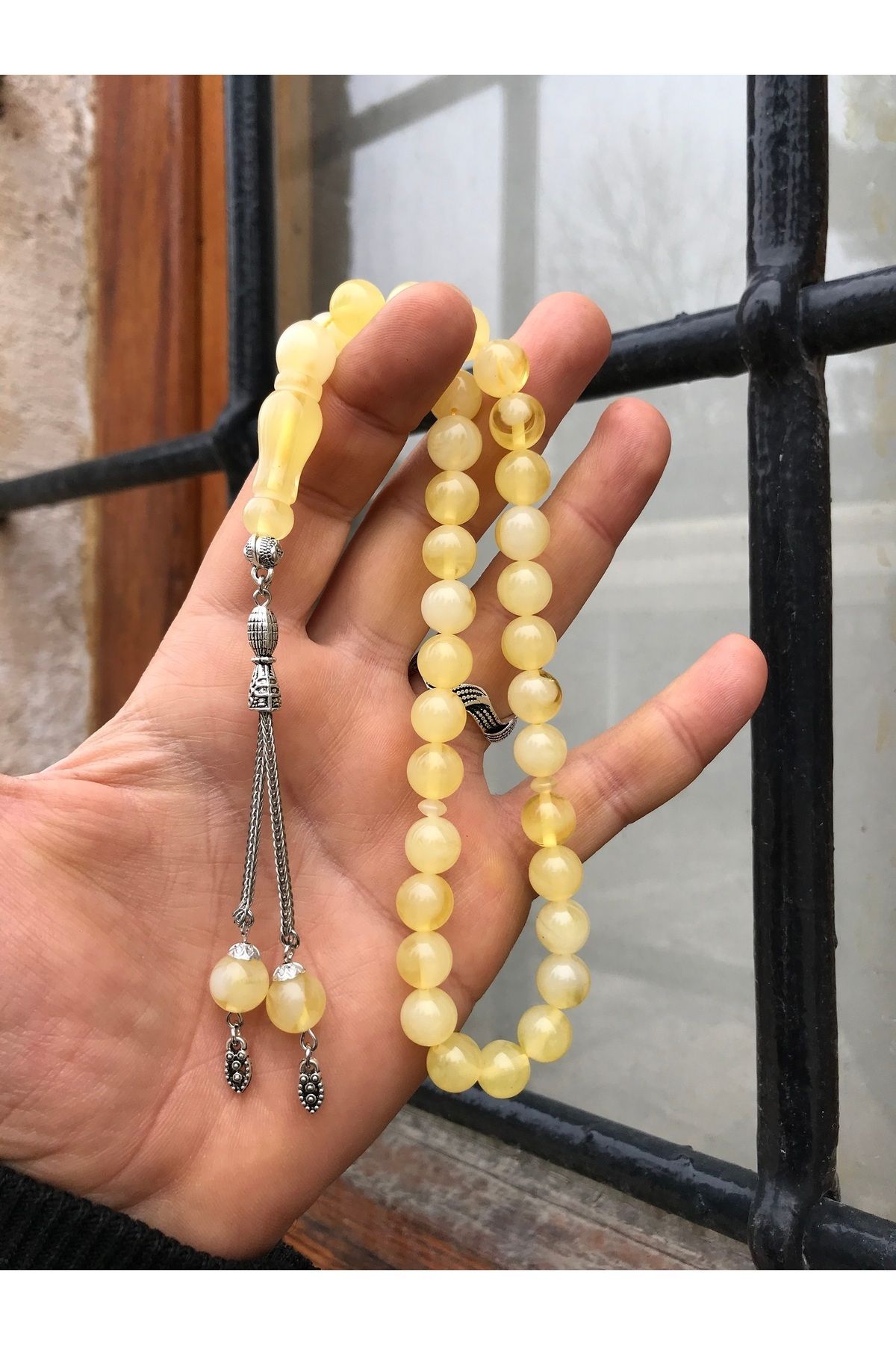 Sultan Telkari-Globe Cut Moire Beirut Drop Powder Amber Prayer Beads 2