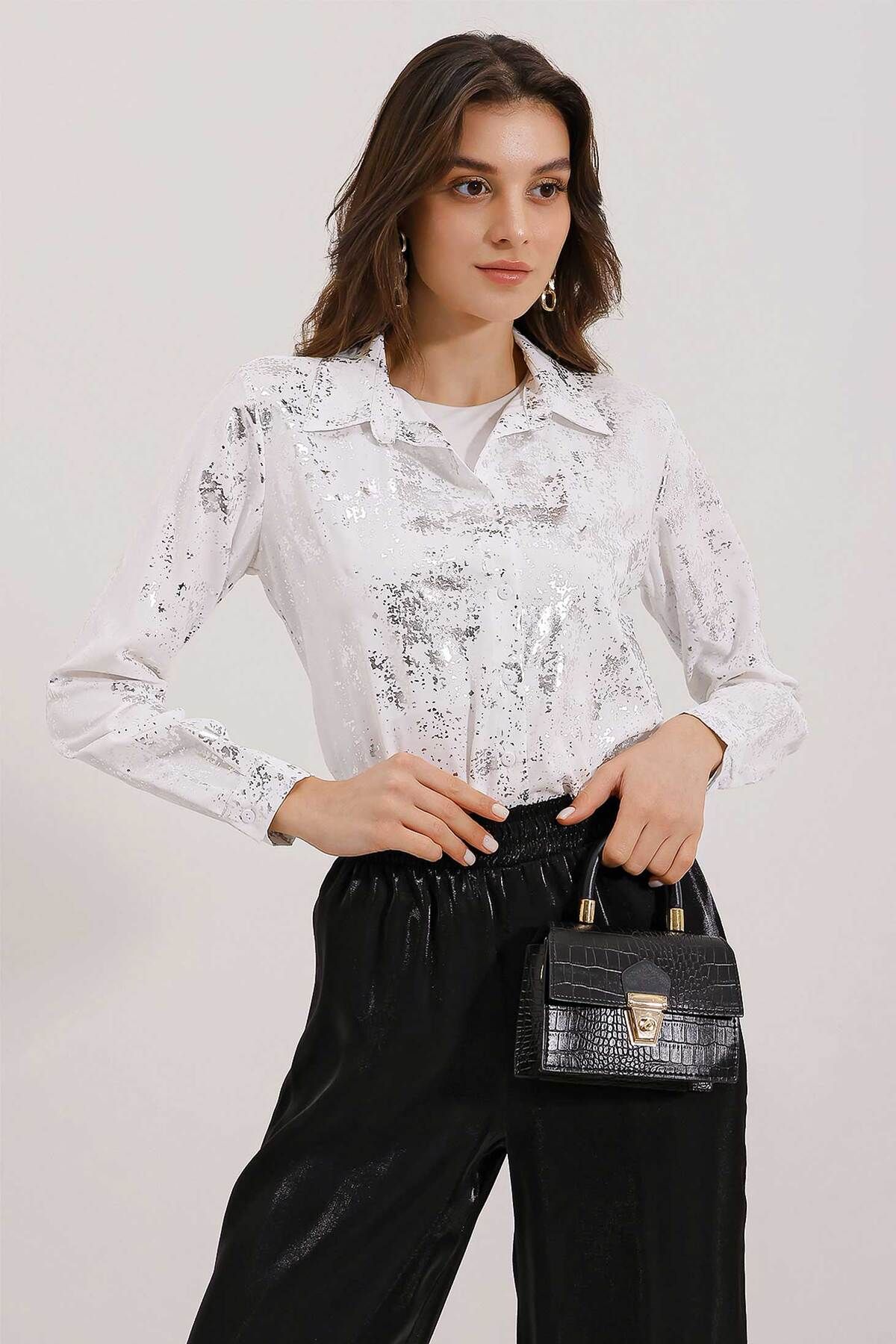 Bigdart-3964 Lightly Flowing Satin Shirt - Silver 2