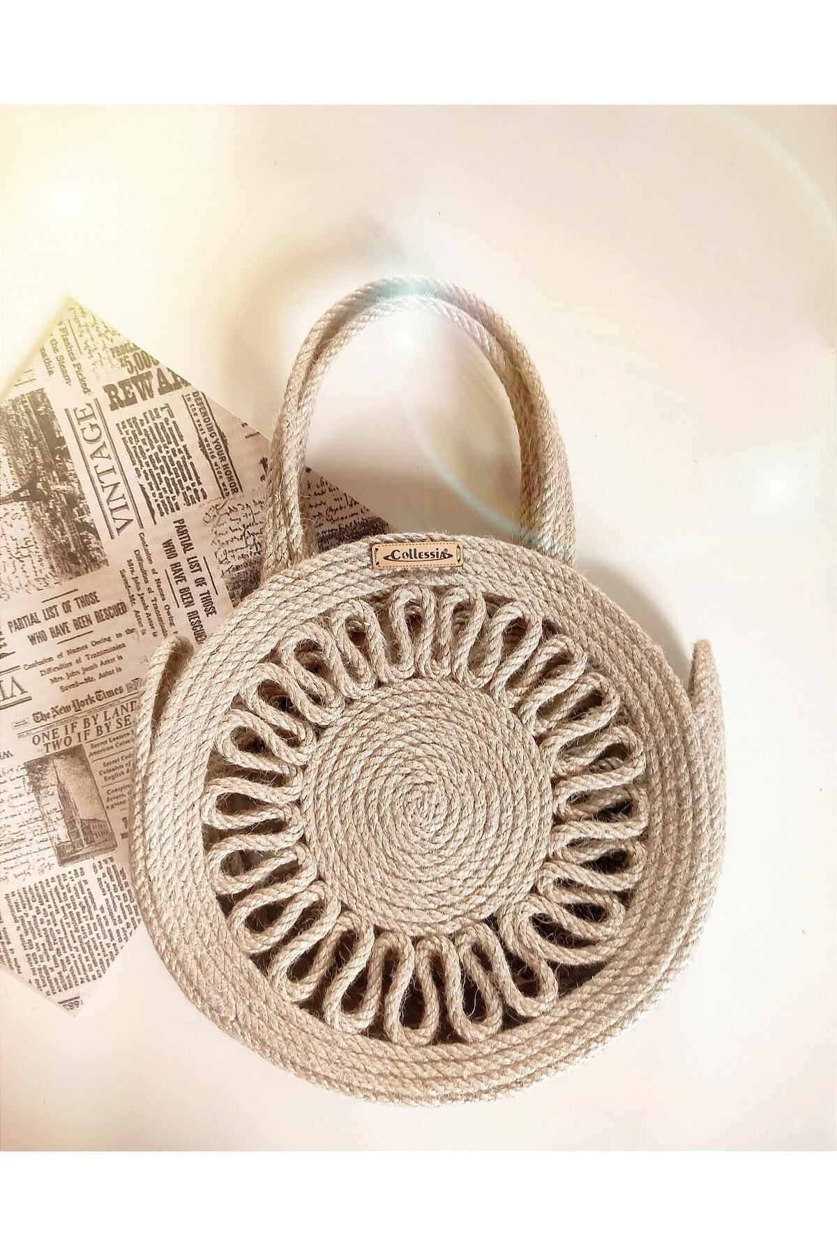 Collessia Home Saros Handmade Organic Jute Straw Bag Round Bag 25 cm Trendyol