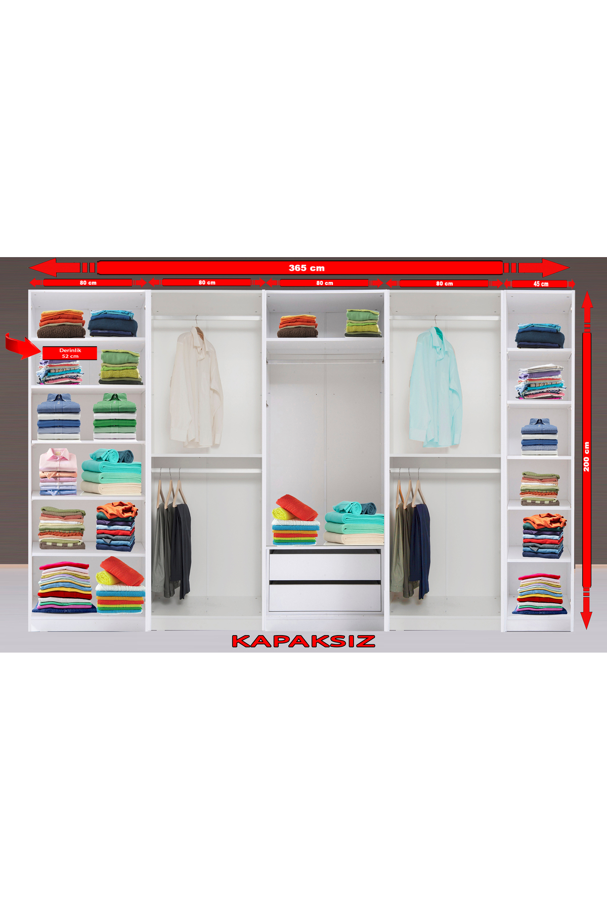 Kenyap Plus 814365 Kapaksız Giysi Odası Dolabı 365 cm Beyaz 5 modüllü ...