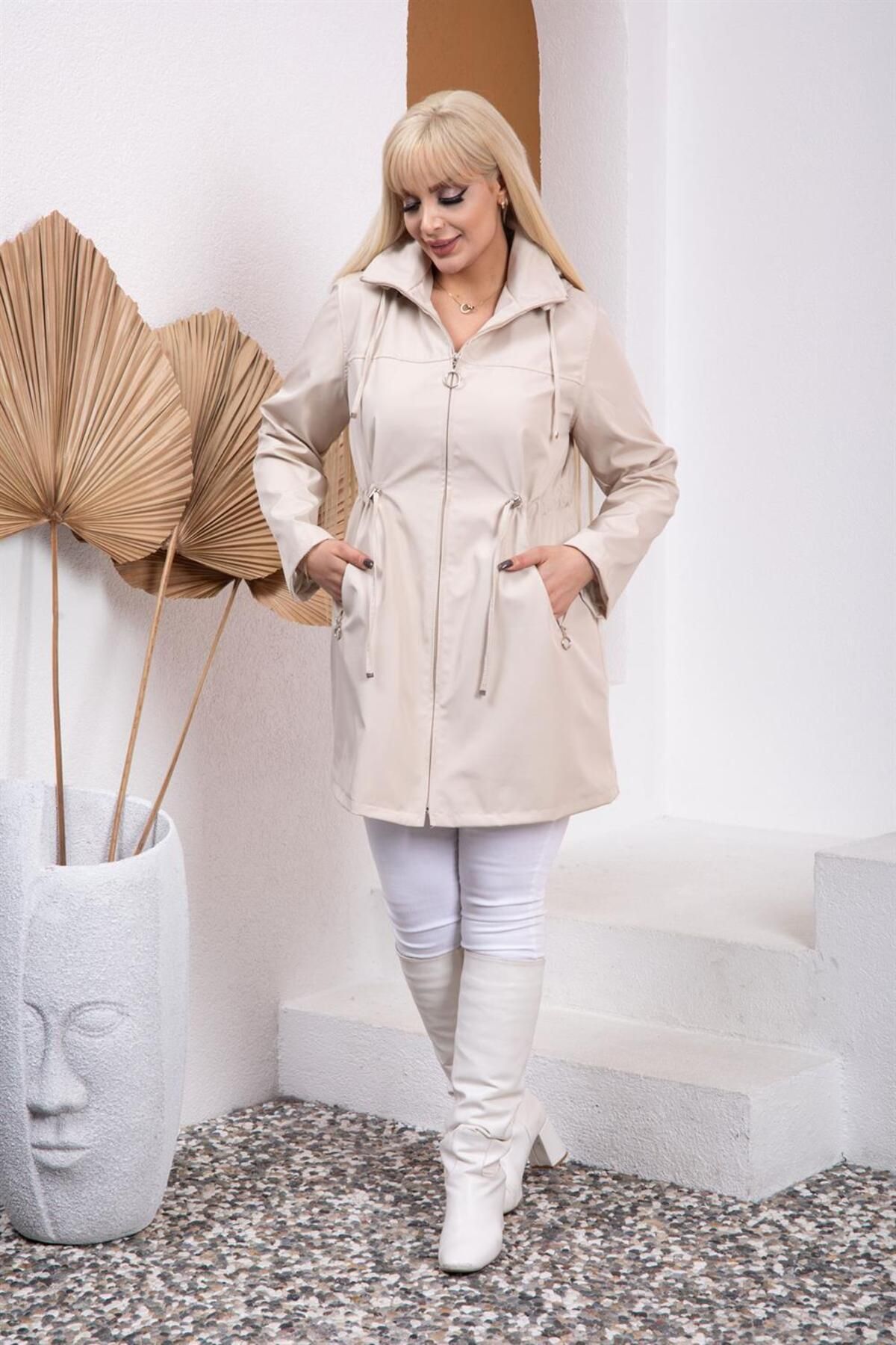 msendam-Plus Size Hooded and Zippered Lined Raincoat - Tas 2