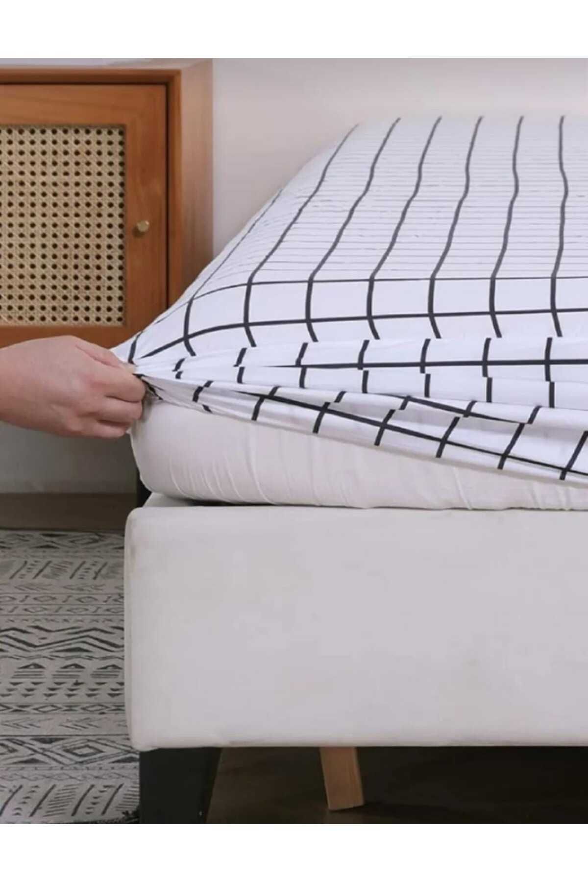 MORRİVAL-SINGLE CHECKED ELASTIC SHEET SET, WHITE - SMOKED 4