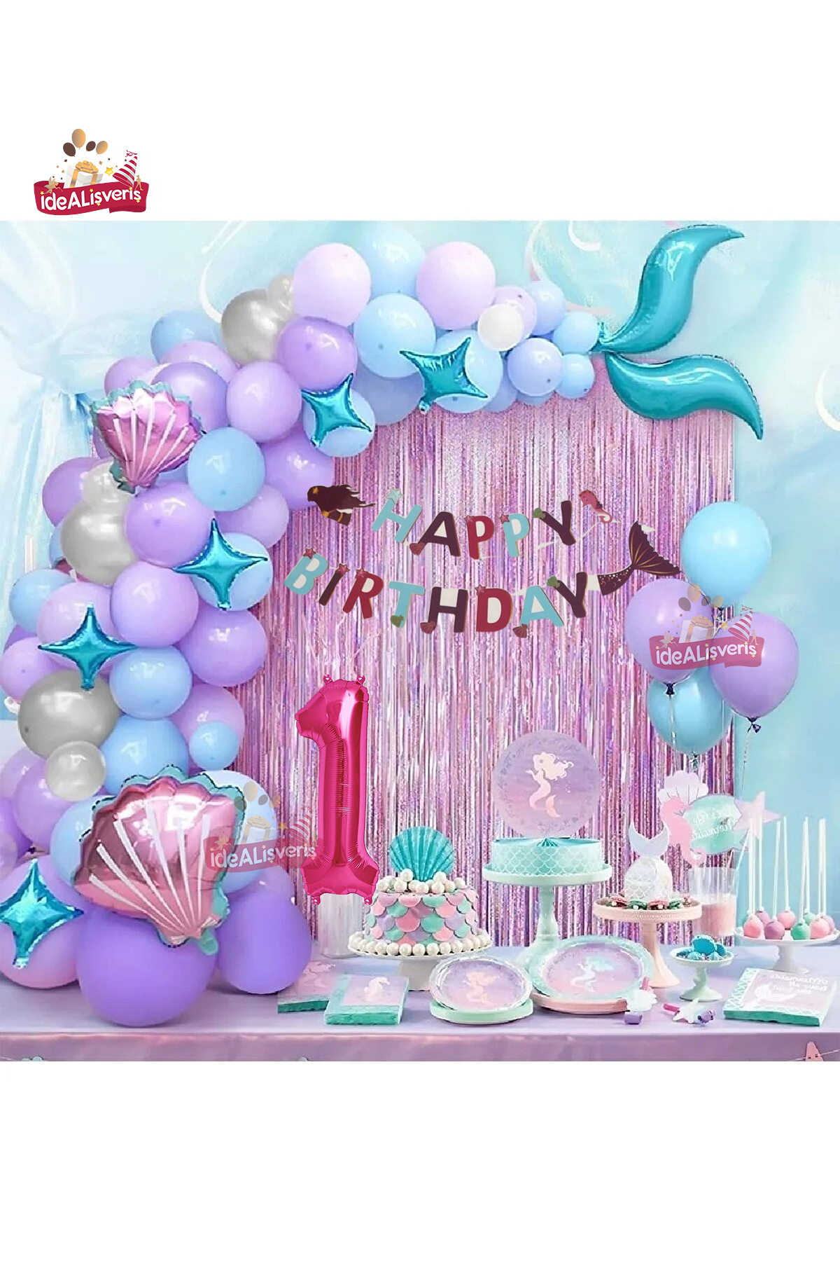 Bkmc Banner Sirenă De 1 An Balon Albastru Mov Baloane Din Folie Set Perdea Cu Franjuri Ornament Pentru Petrecerea De Aniversare - 1 year