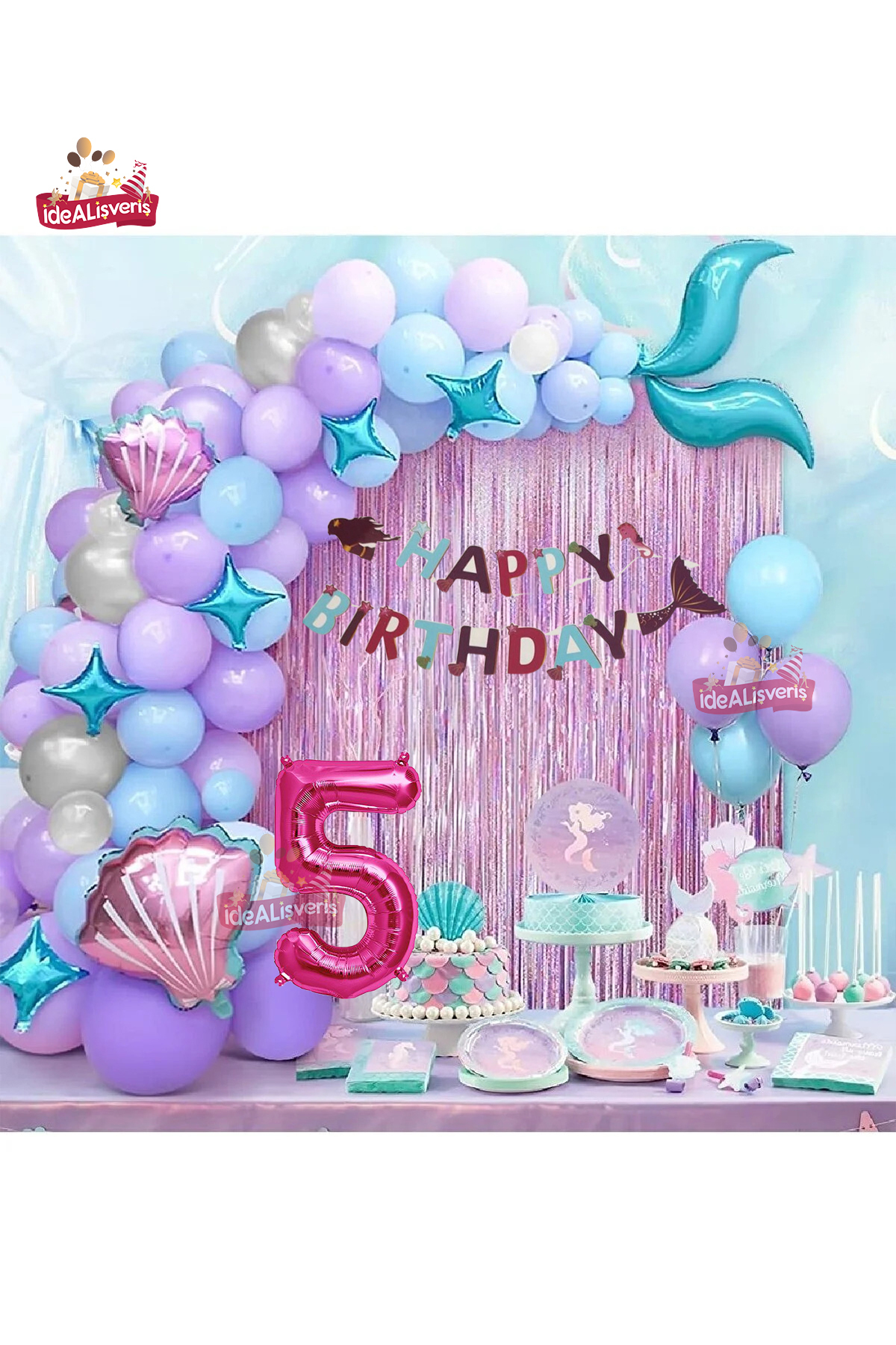 Bkmc Banner Sirenă De 5 Ani Balon Albastru Mov Baloane Din Folie Set Perdea Cu Franjuri Ornament Pentru Petrecerea De Aniversare - 5 years old