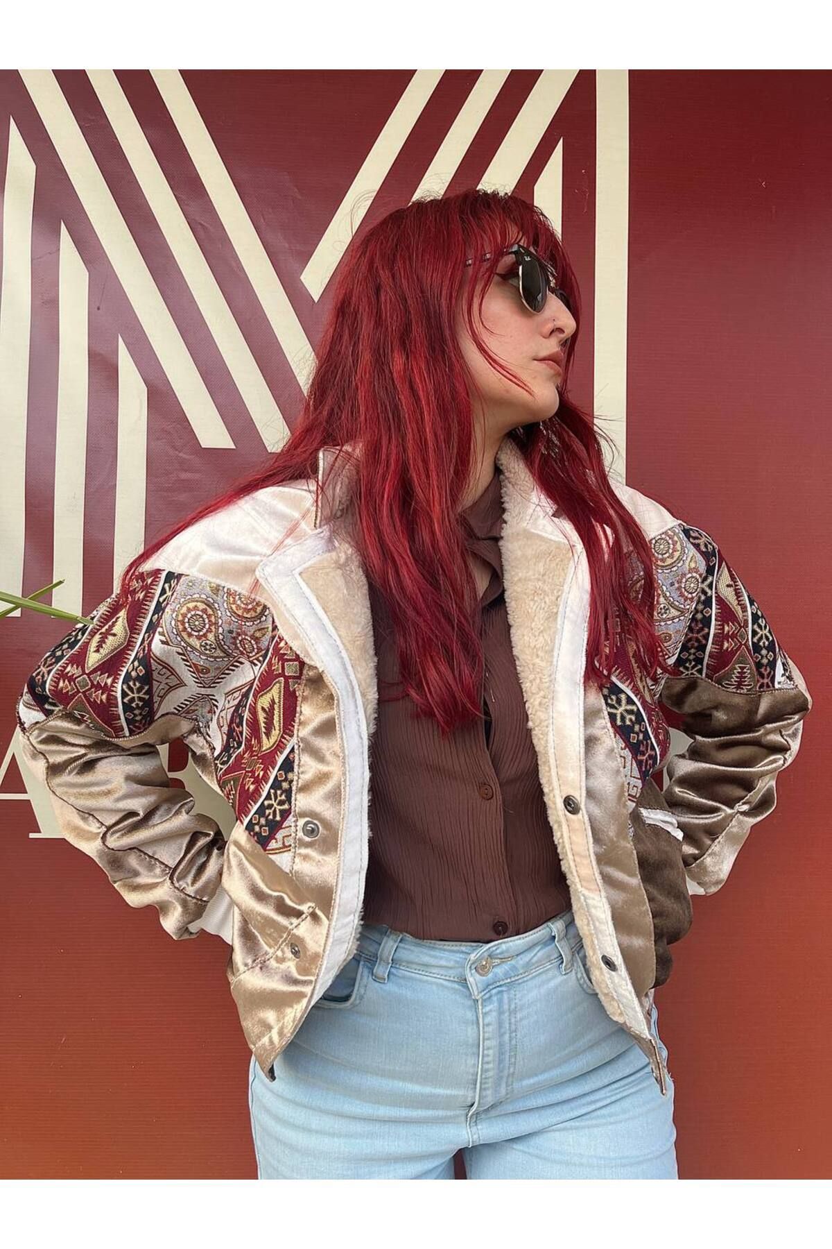 MartinoButik Unisex Aztec Retro Bomber Oversize Patterned Vintage Jacket Bkdvk4