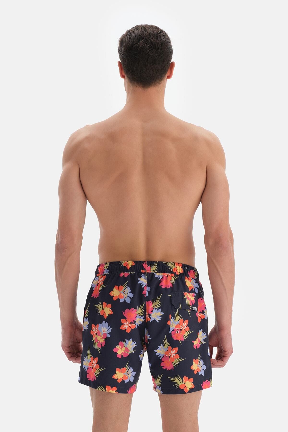 Dagi-Navy Blue - Pink Floral Patterned Short Swim Shorts 2