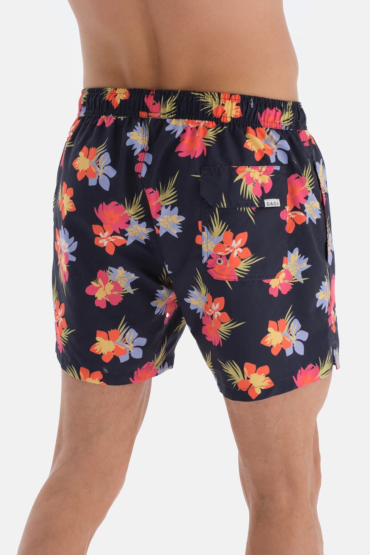 Dagi-Navy Blue - Pink Floral Patterned Short Swim Shorts 5