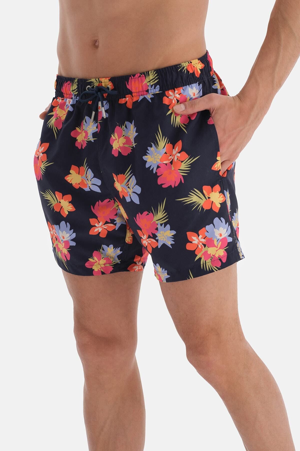Dagi-Navy Blue - Pink Floral Patterned Short Swim Shorts 4