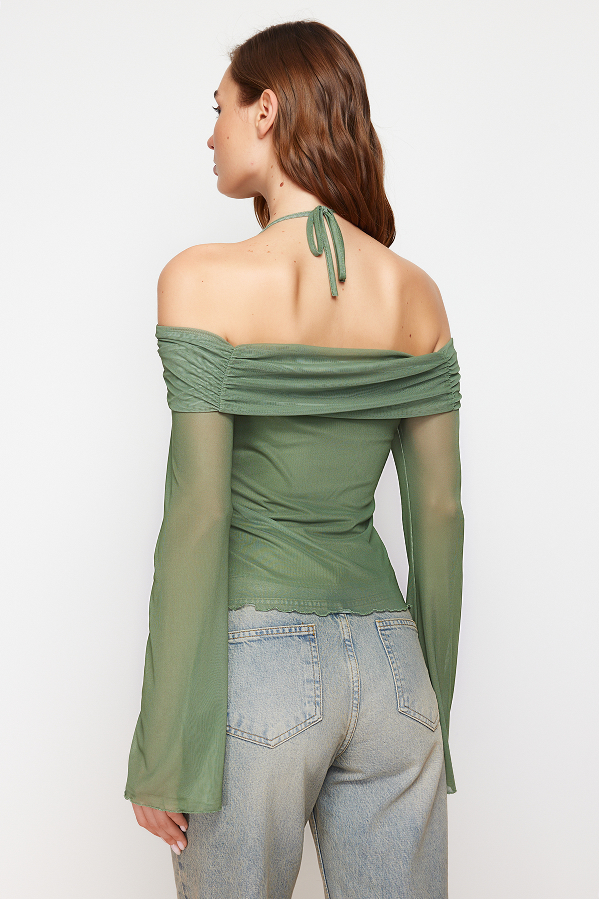 Trendyolmilla  Haki Flare Kollu Bağlama Detaylı Örme Madonna Yaka Bluz TWOSS24BZ00046 - Görsel 6