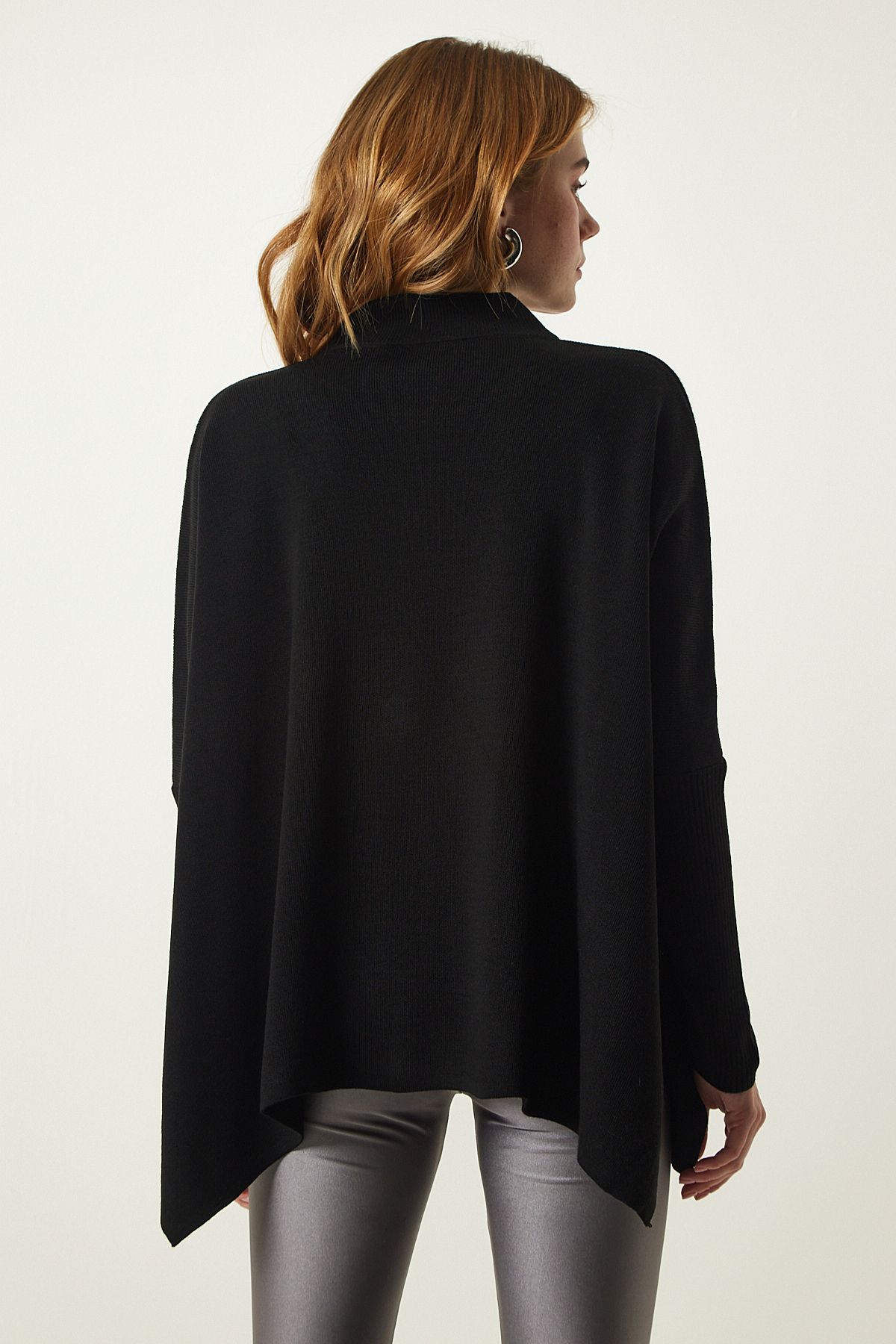 Happiness İstanbul-Schwarzer Strick-Poncho-Pullover mit Stehkragen und Schlitz ZA00074 6