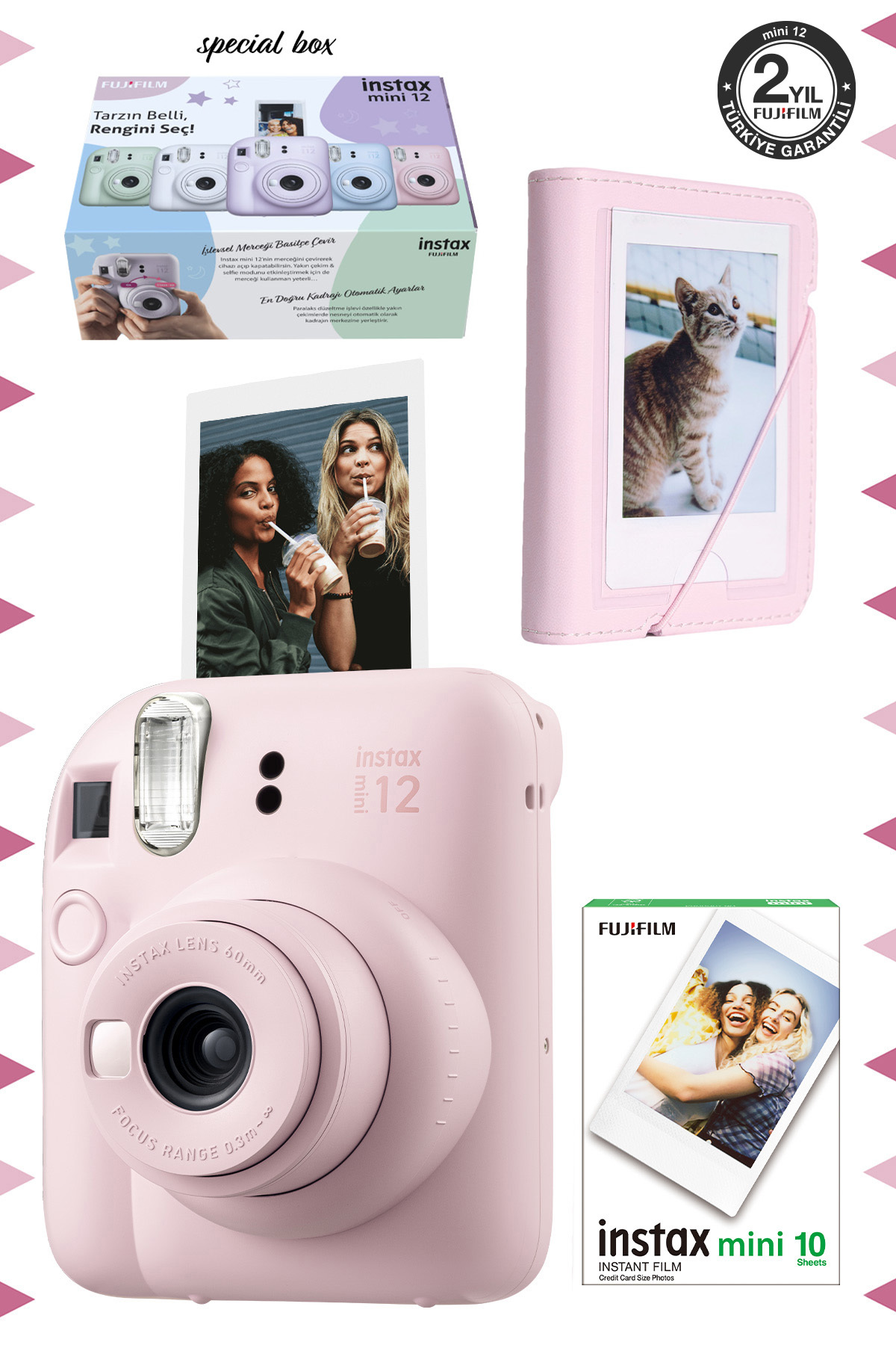 Fujifilm Instax Mini 12 Pembe Fotoğraf Makinesi Ve 10'lu Mini Film