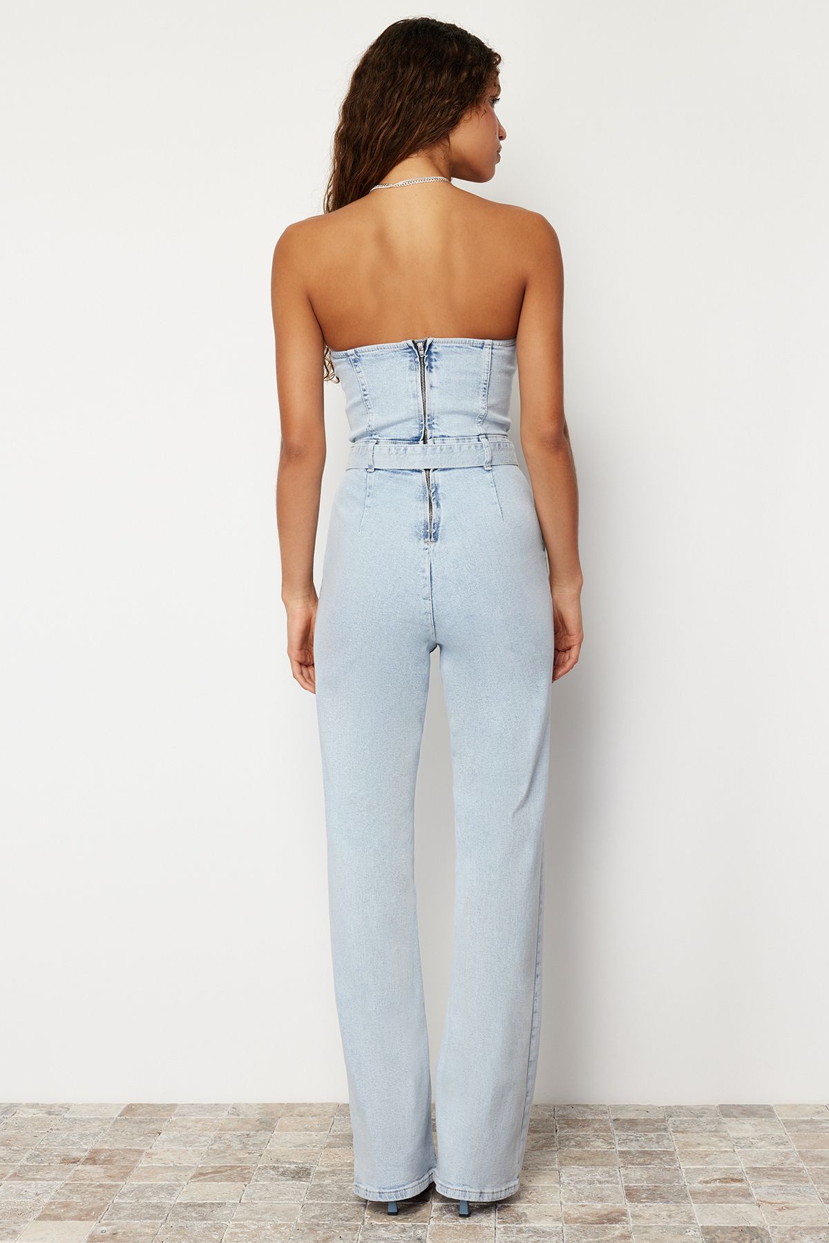 Trendyol Collection-Μπλε τζιν μπλούζα με ζώνη στράπλες TWOSS24TU00023 6